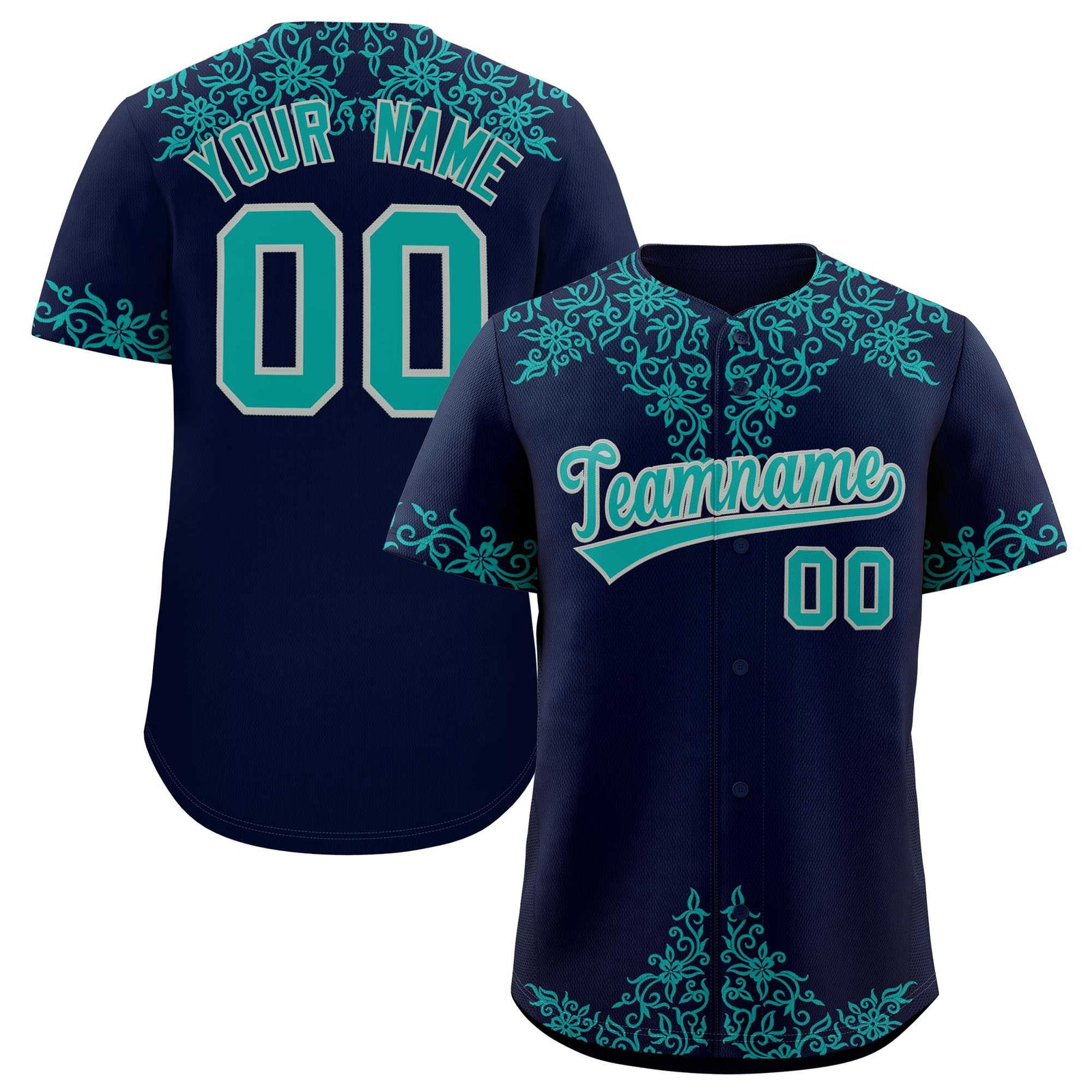 Custom Navy Teal Baroque Style Personalized Baseball Jersey
