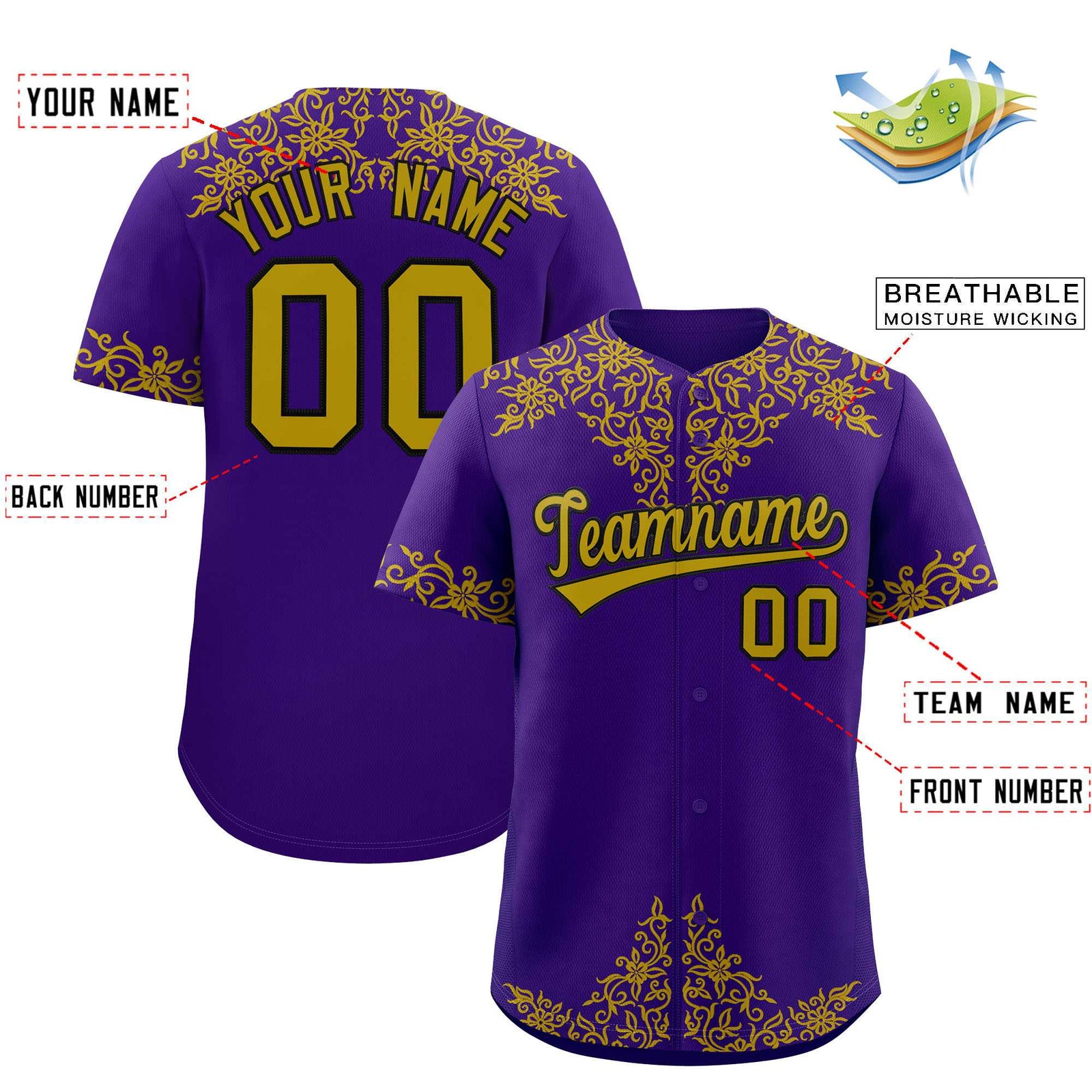 Custom Purple Old Gold Baroque Style Personalized Baseball Jersey