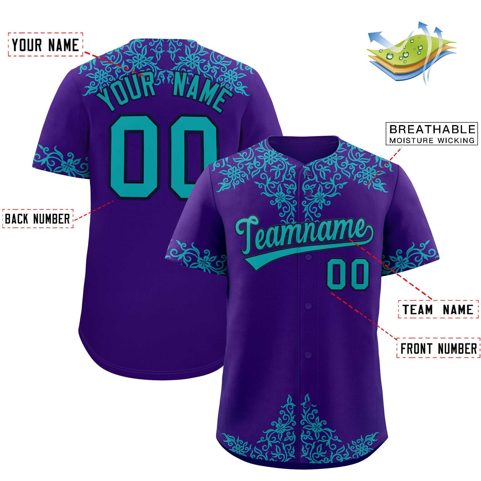 Custom Purple Aqua Baroque Style Personalized Baseball Jersey