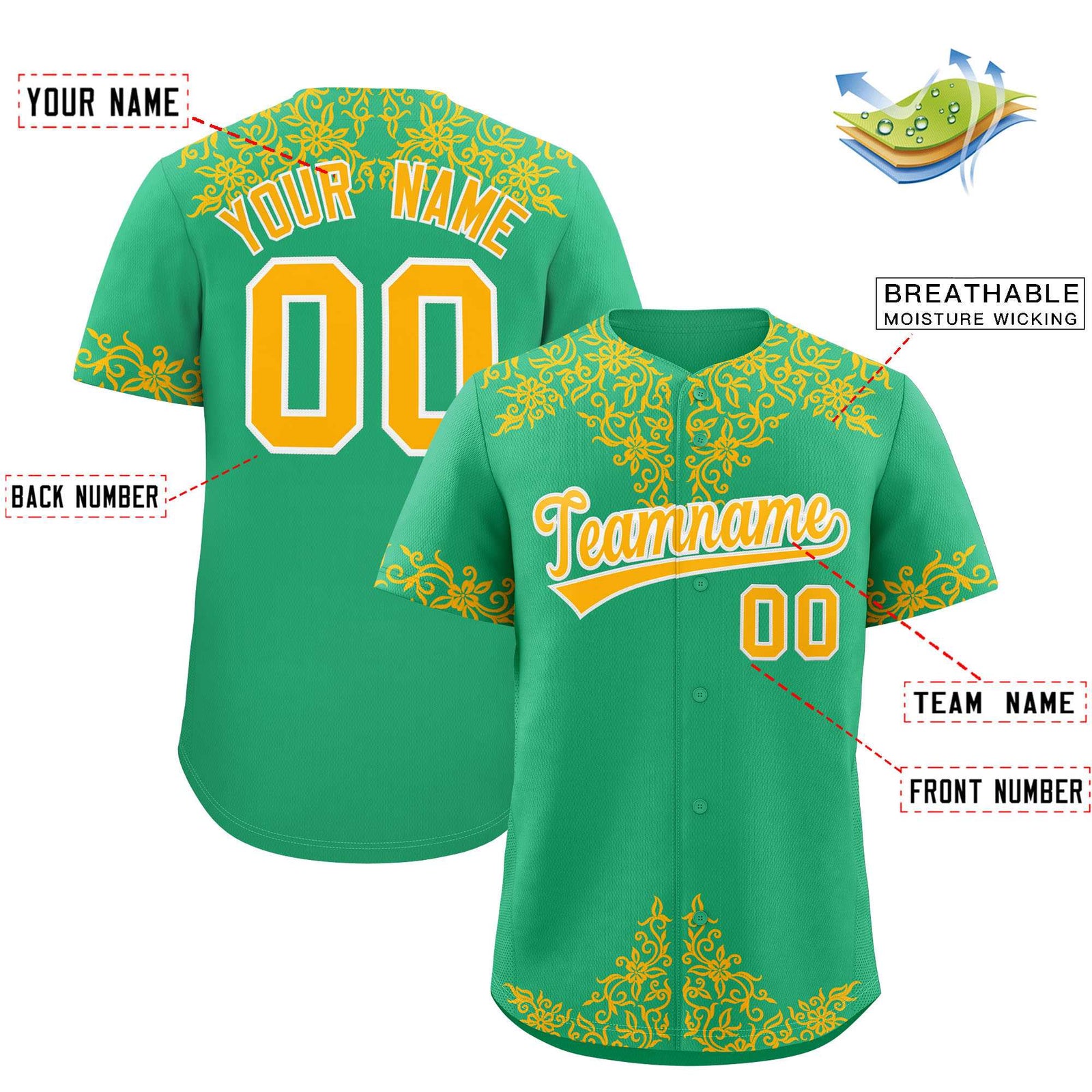 Custom Bright Green Gold Baroque Style Personalized Baseball Jersey