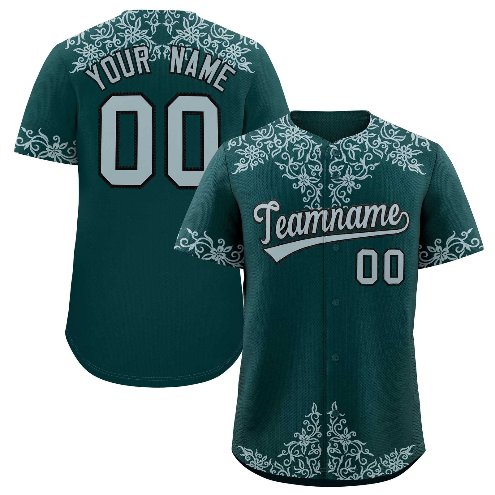 Custom Midnight Green Silver Baroque Style Personalized Baseball Jersey