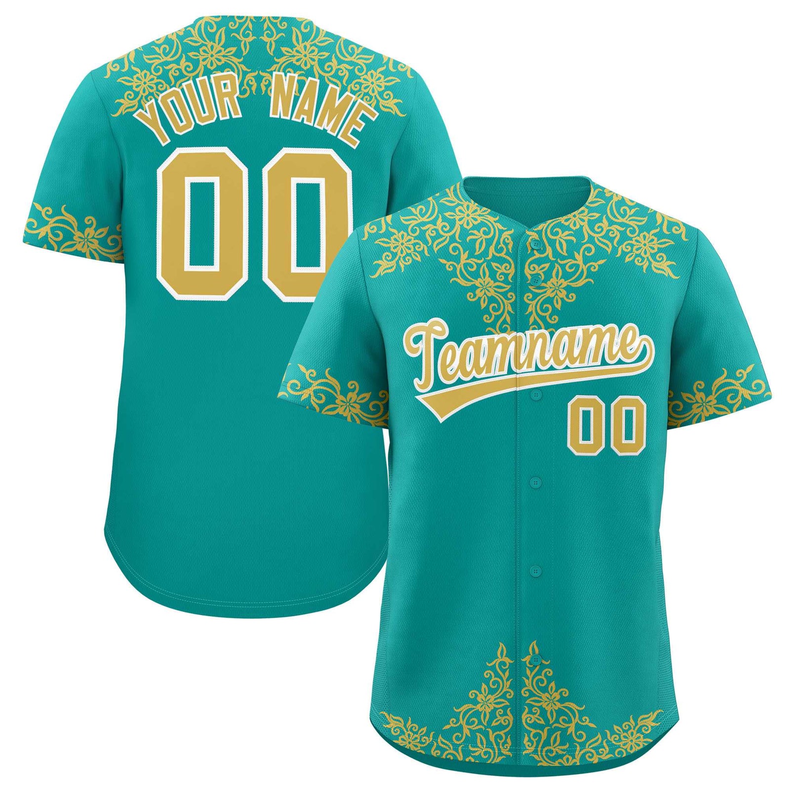 Custom Aqua Old Gold Baroque Style Personalized Baseball Jersey