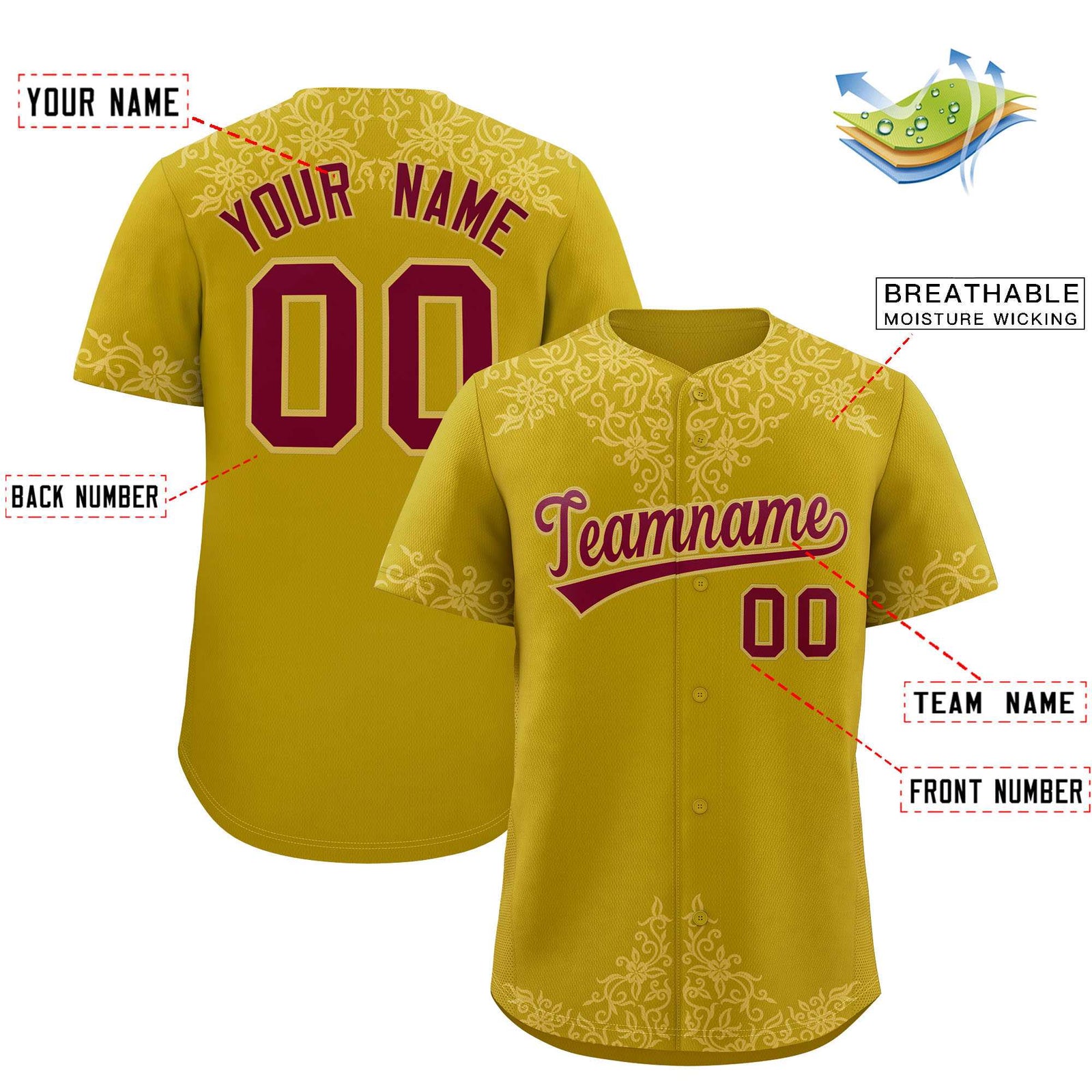 Custom Old Gold Old Gold Baroque Style Personalized Baseball Jersey