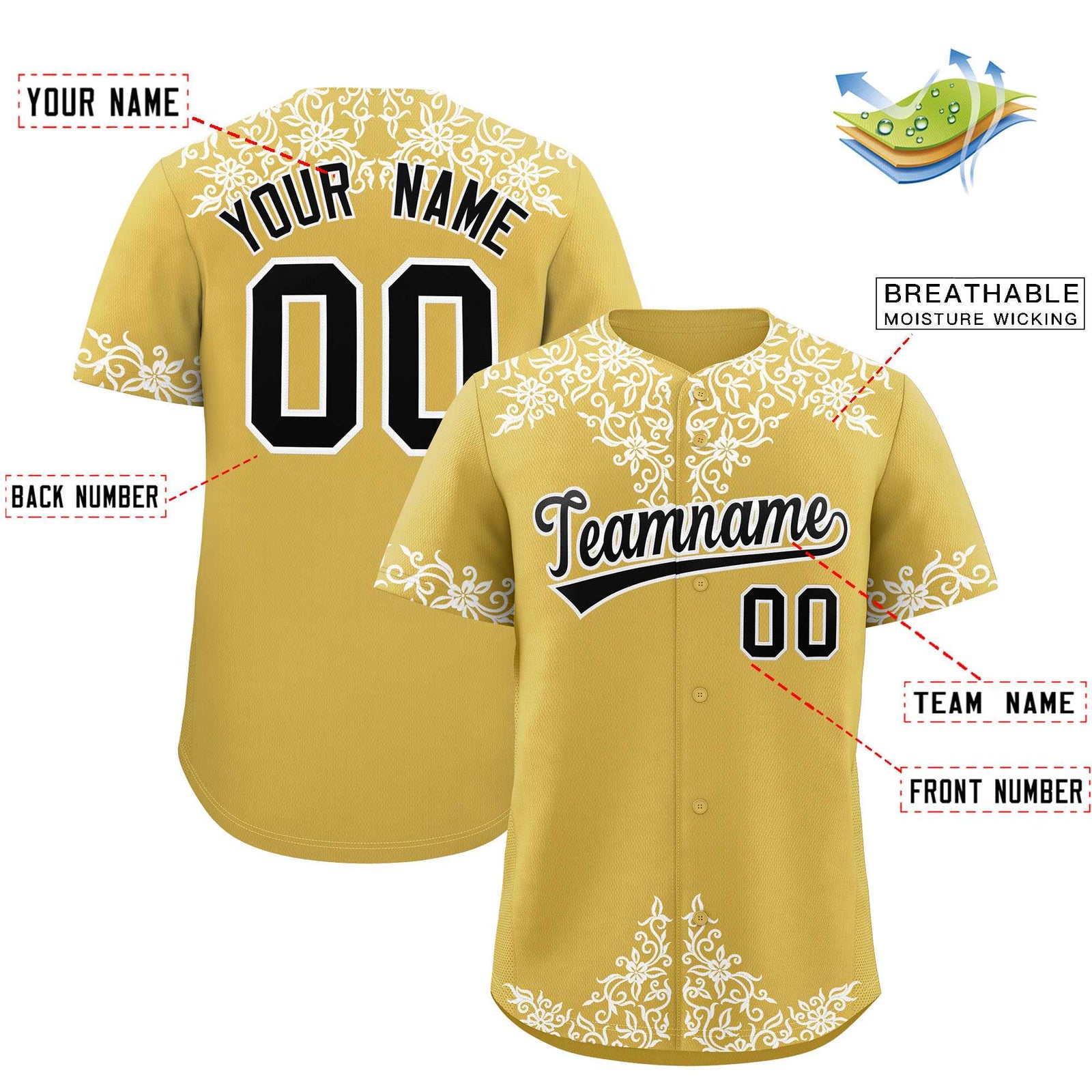 Custom Old Gold White Baroque Style Personalized Baseball Jersey