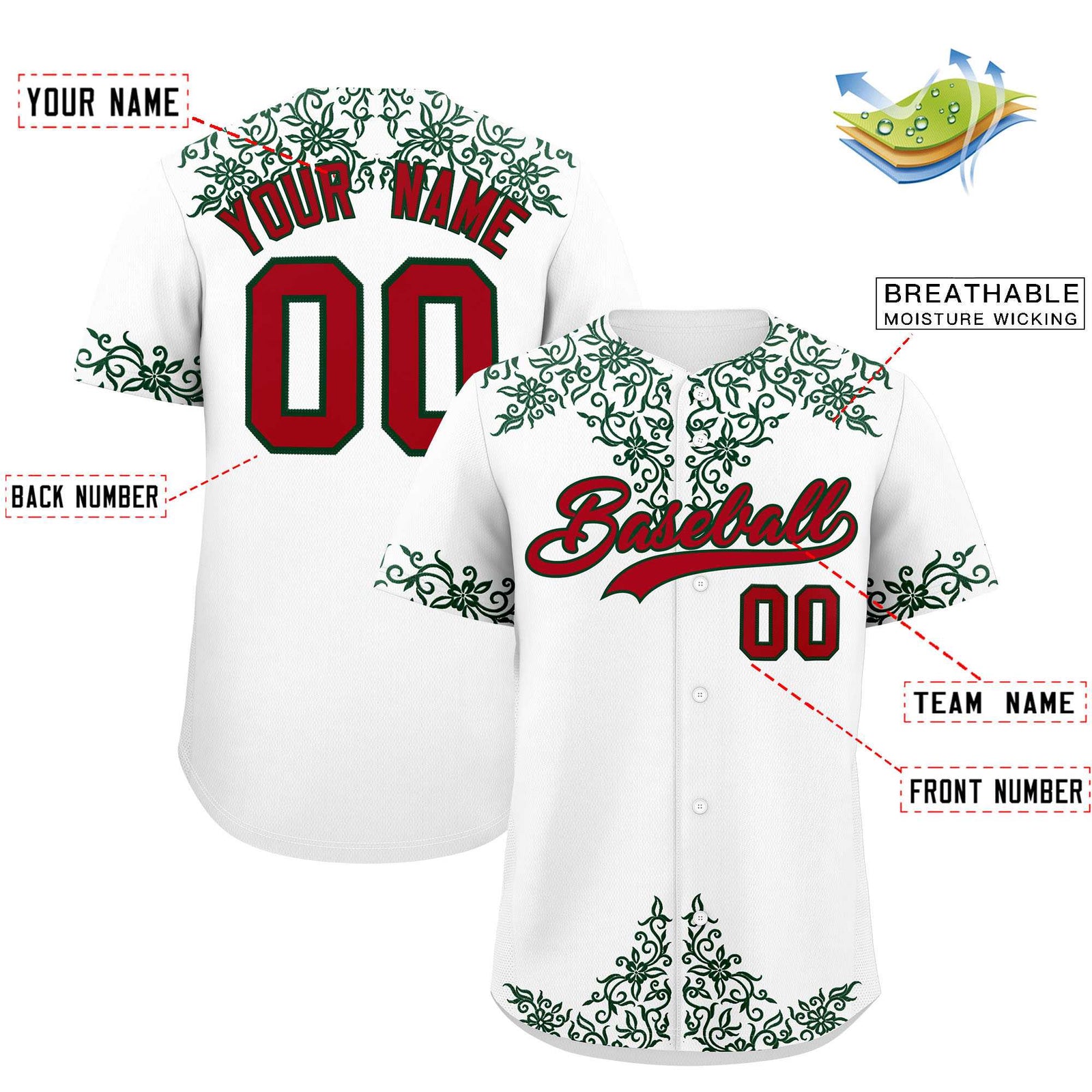 Custom White Green Baroque Style Personalized Baseball Jersey