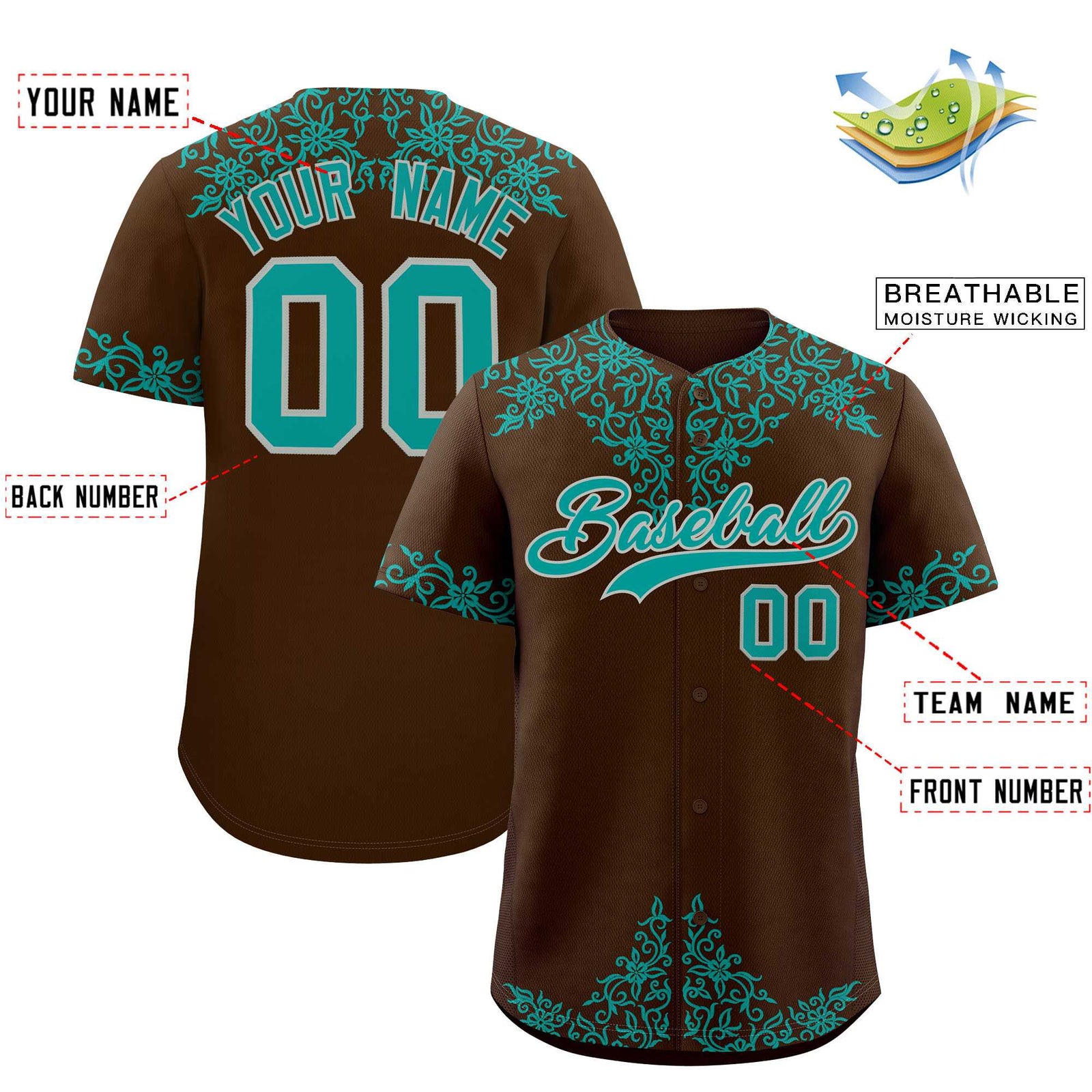 Custom Brown Teal Baroque Style Personalized Baseball Jersey