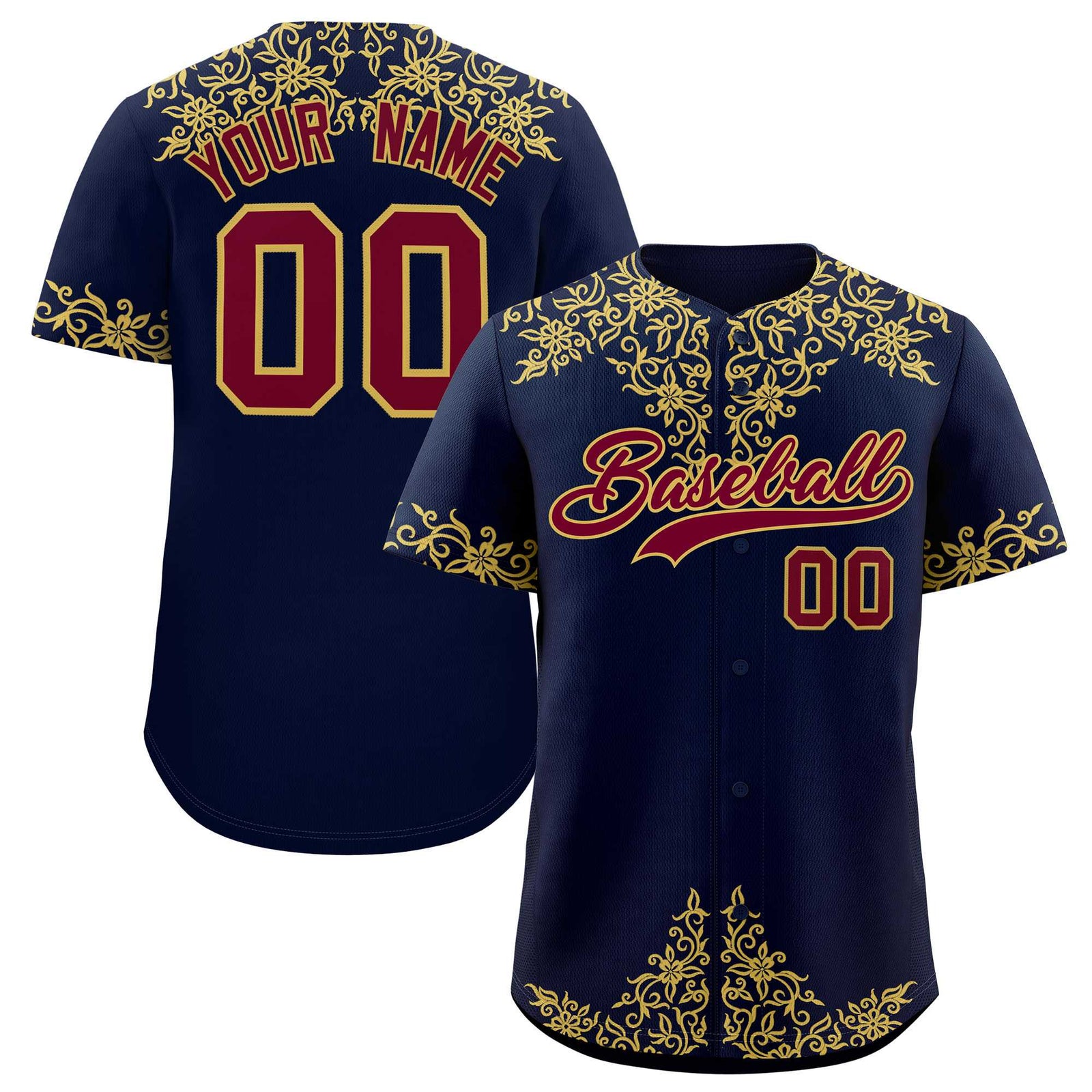 Custom Navy Old Gold Baroque Style Personalized Baseball Jersey