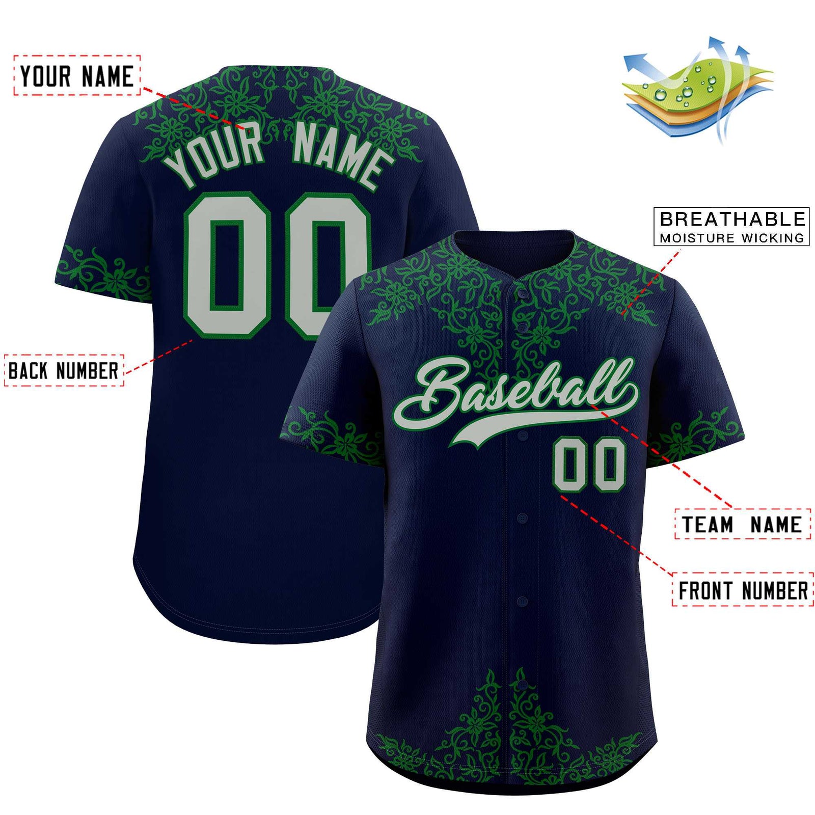Custom Navy Kelly Green Baroque Style Personalized Baseball Jersey