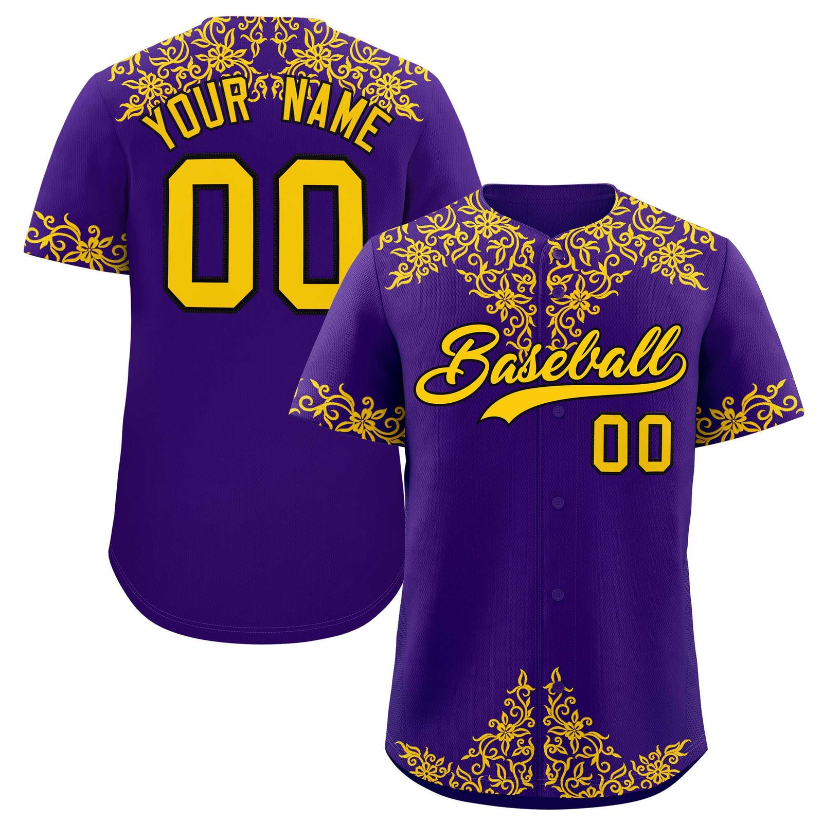 Custom Purple Gold Baroque Style Personalized Baseball Jersey