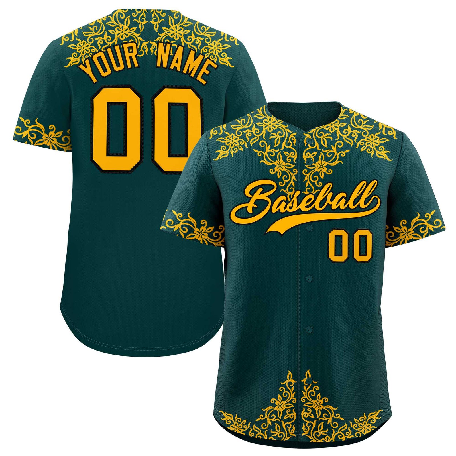 Custom Midnight Green Gold Baroque Style Personalized Baseball Jersey