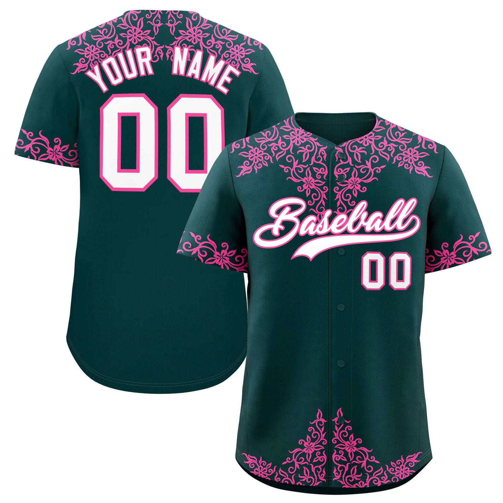 Custom Midnight Green Pink Baroque Style Personalized Baseball Jersey