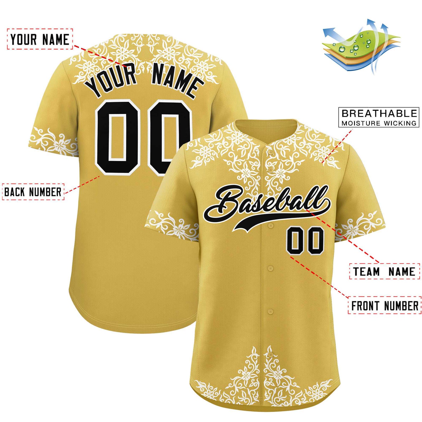 Custom Old Gold White Baroque Style Personalized Baseball Jersey