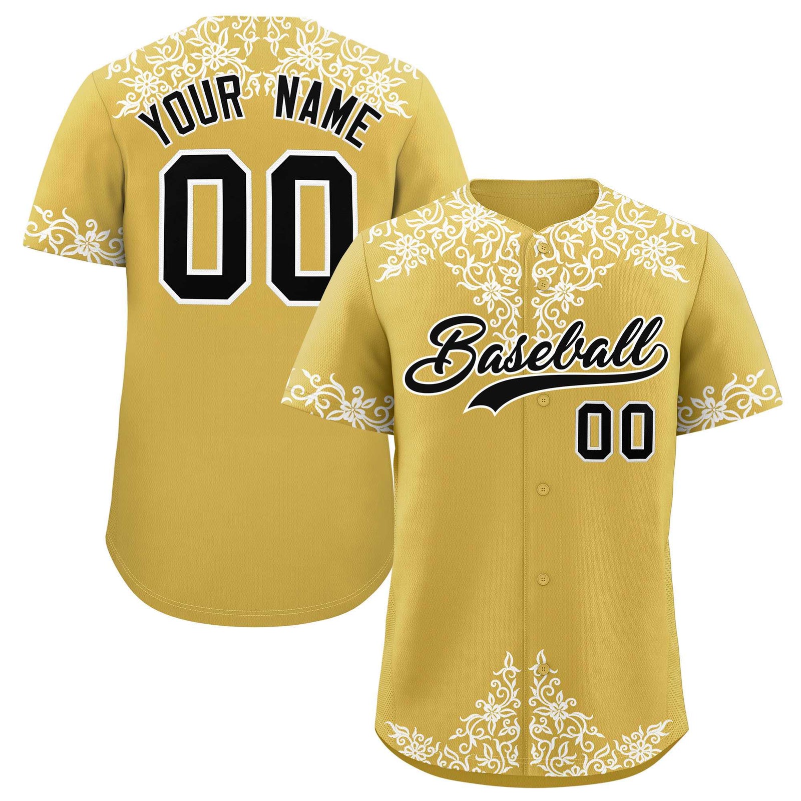 Custom Old Gold White Baroque Style Personalized Baseball Jersey