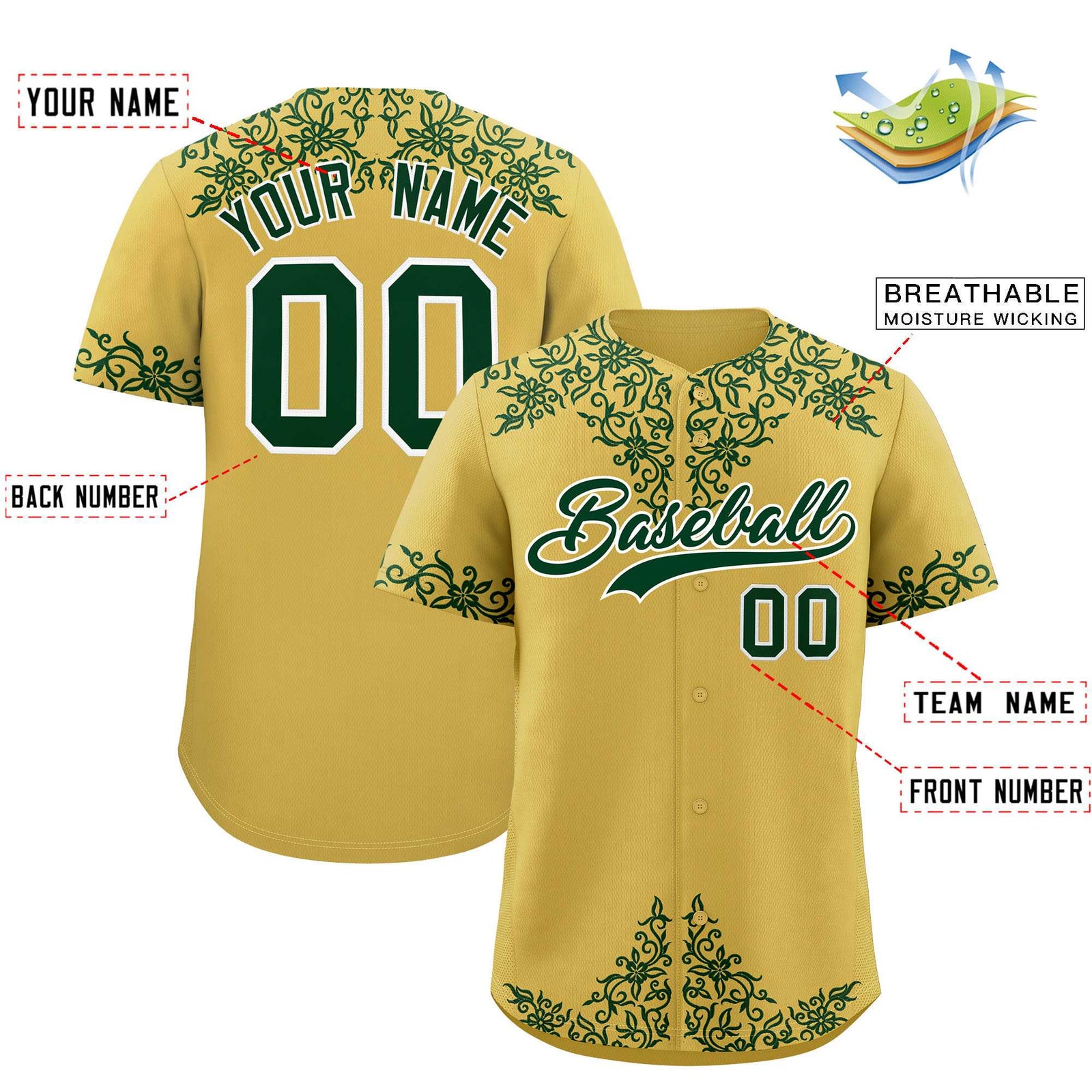 Custom Old Gold Green Baroque Style Personalized Baseball Jersey