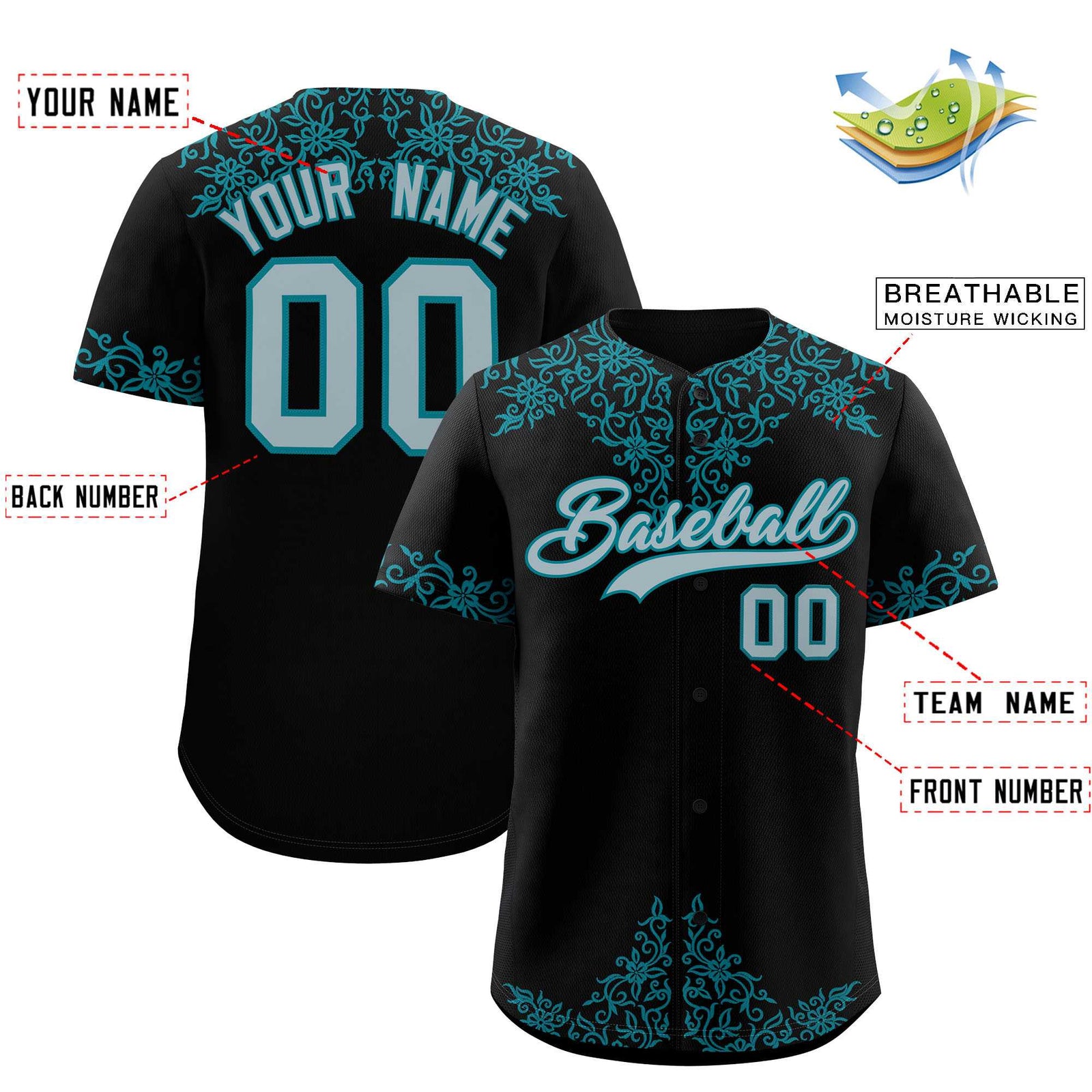 Custom Black Teal Baroque Style Personalized Baseball Jersey