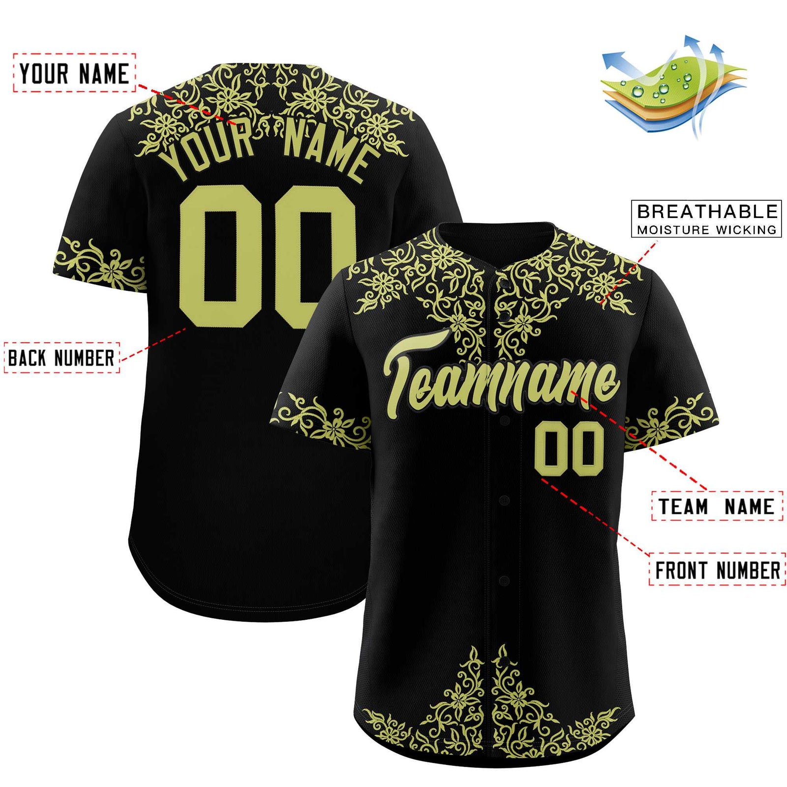 Custom Black Champagne Baroque Style Personalized Baseball Jersey