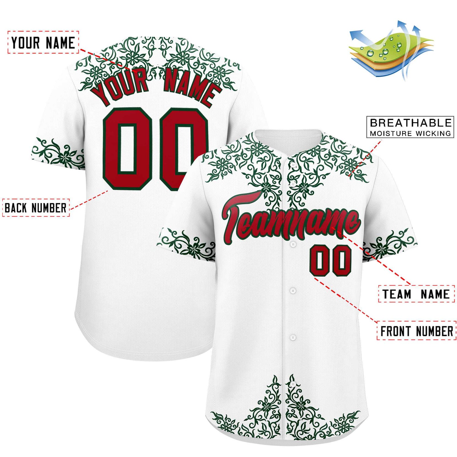 Custom White Green Baroque Style Personalized Baseball Jersey