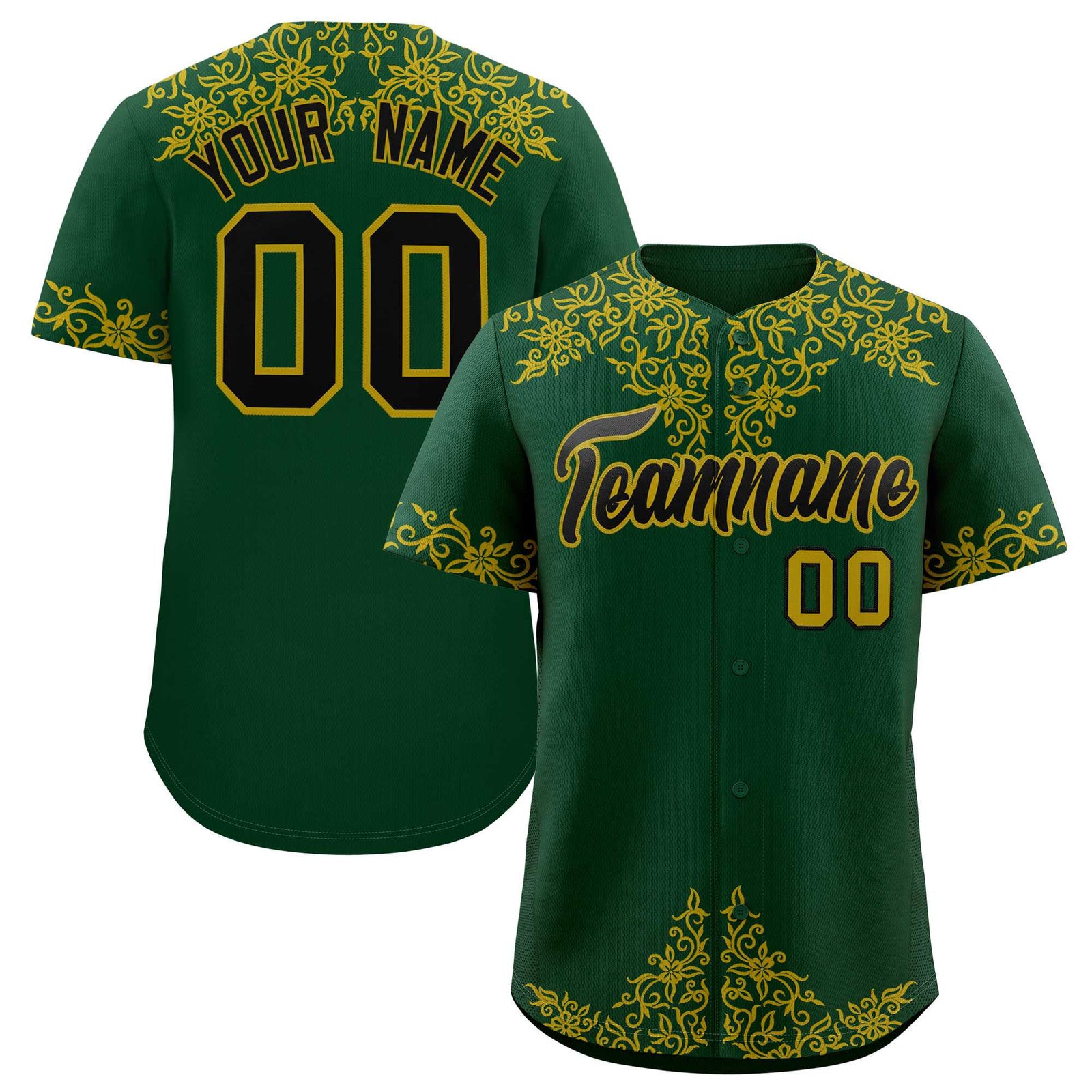 Custom Green Old Gold Baroque Style Personalized Baseball Jersey