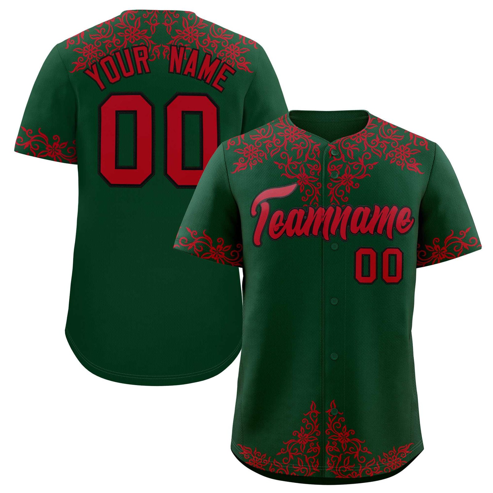 Custom Green Red Baroque Style Personalized Baseball Jersey