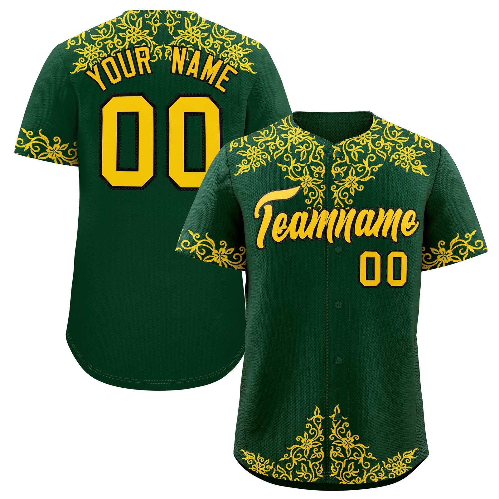 Custom Green Gold Baroque Style Personalized Baseball Jersey