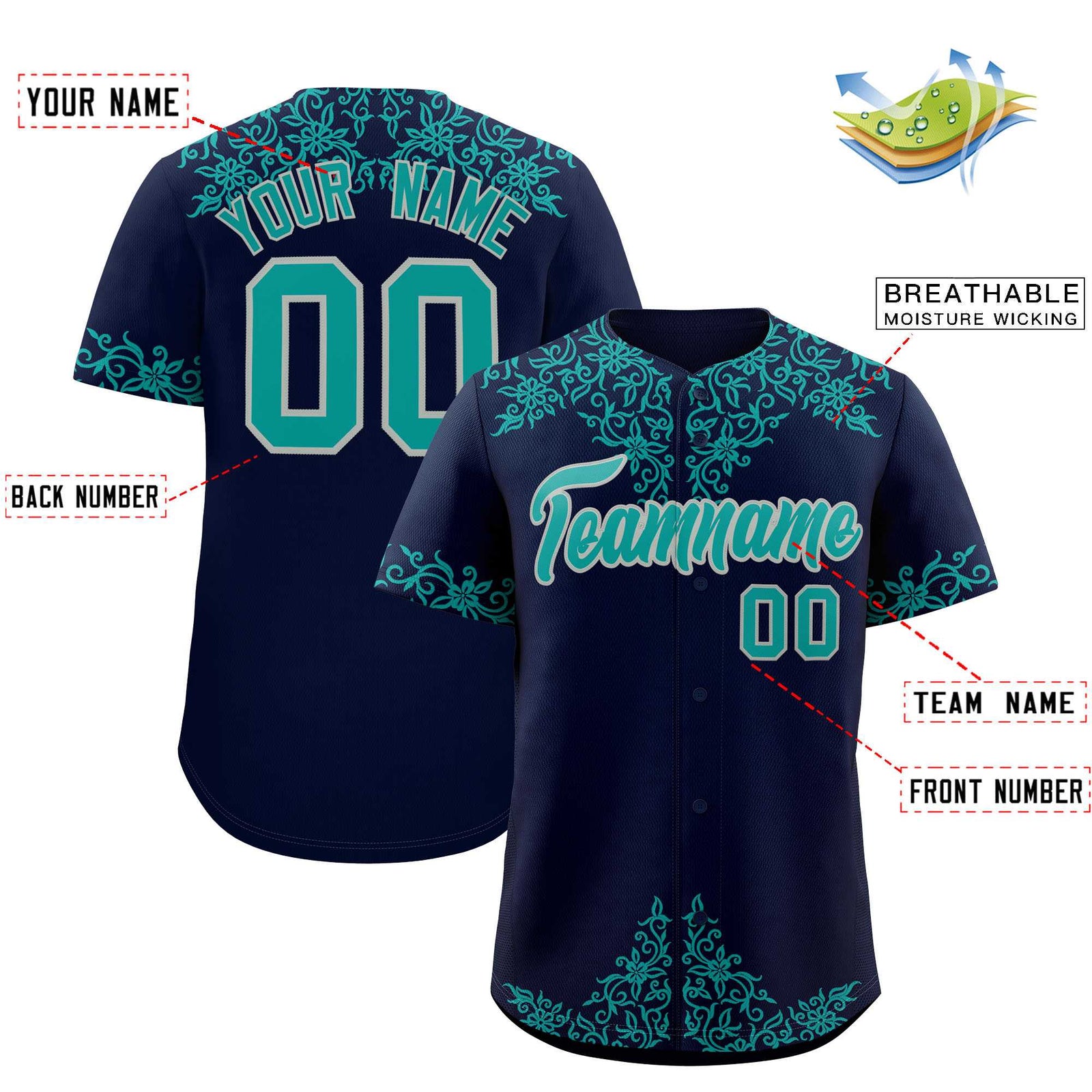 Custom Navy Teal Baroque Style Personalized Baseball Jersey