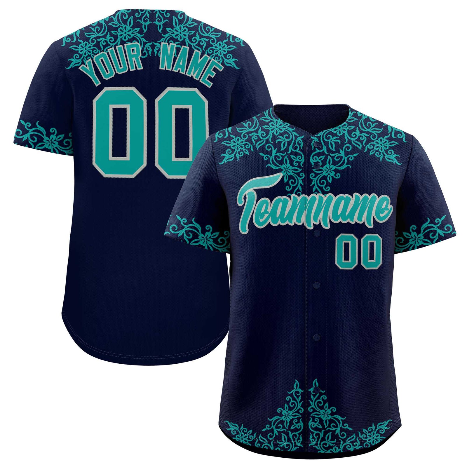 Custom Navy Teal Baroque Style Personalized Baseball Jersey