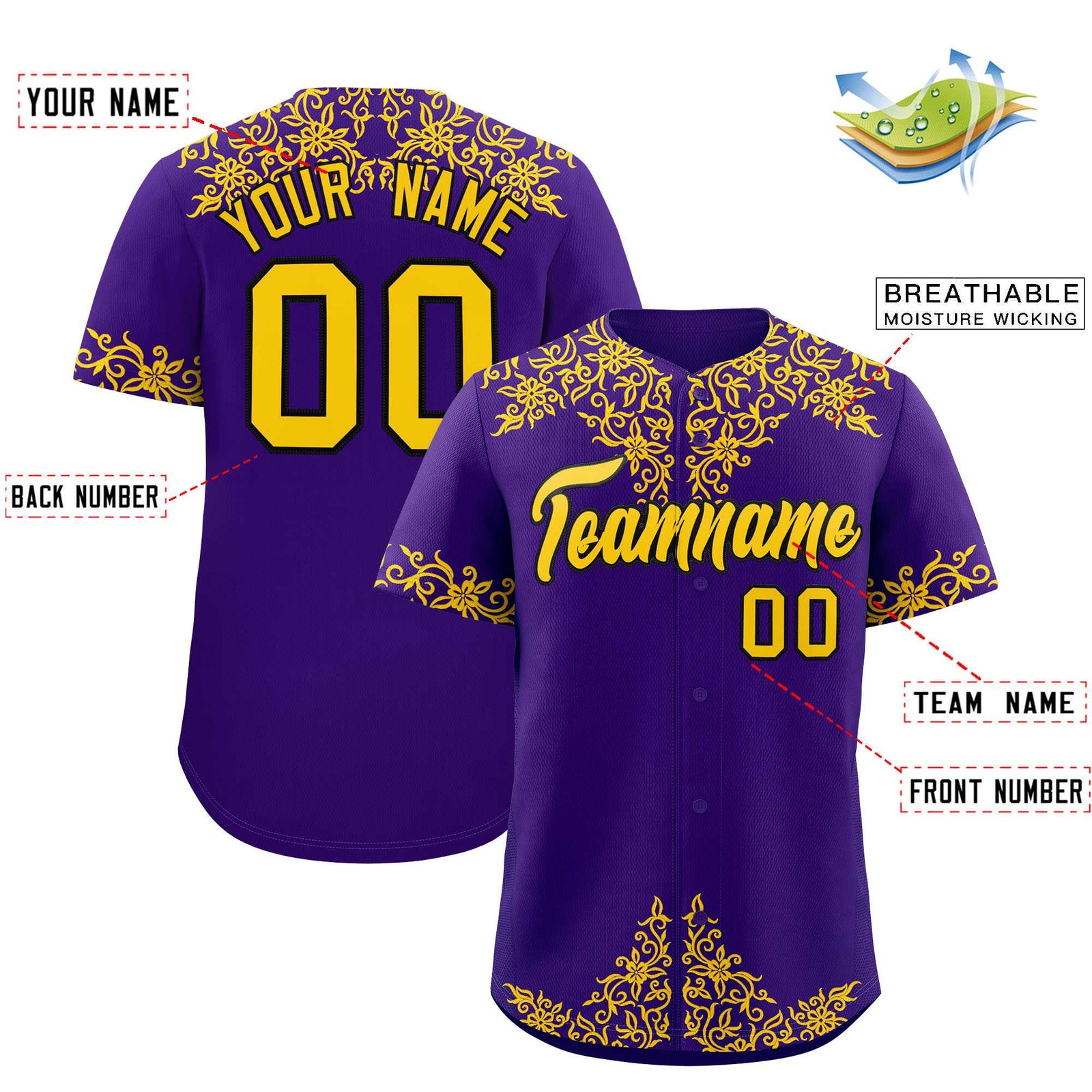 Custom Purple Gold Baroque Style Personalized Baseball Jersey