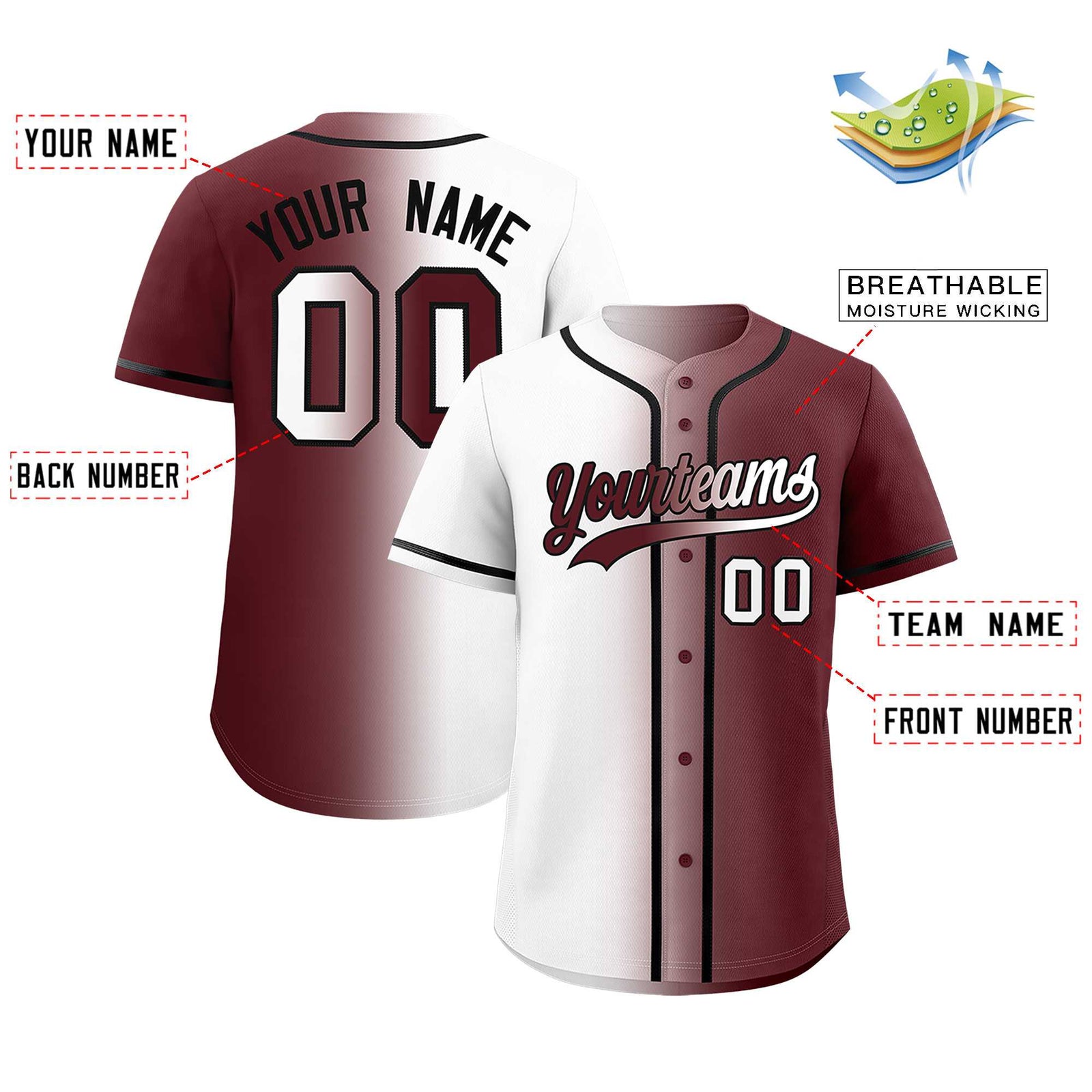 Custom White Burgundy Two Tone Gradient Fashion Authentic Baseball Jersey