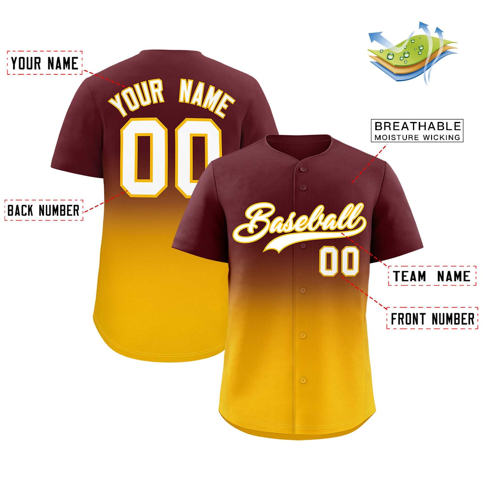 Custom Burgundy Yellow Gradient Fashion Authentic Baseball Jersey