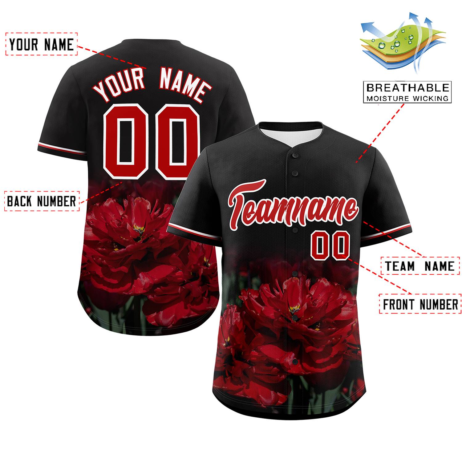 Custom Black Personalized 3D Flower Design Authentic Baseball Jersey