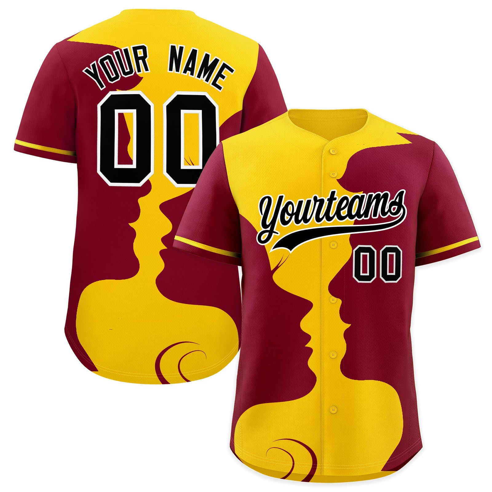 Custom Gold Crimson Silhouettes of Loving Couple Valentine's Day Baseball Jersey| KXKSHOP