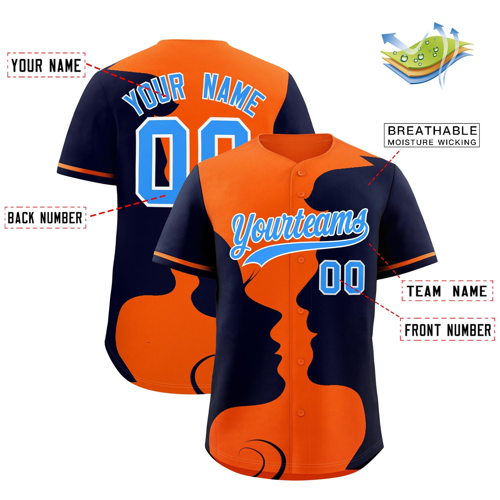 Custom Orange Navy Silhouettes of Loving Couple Valentine's Day Baseball Jersey| KXKSHOP