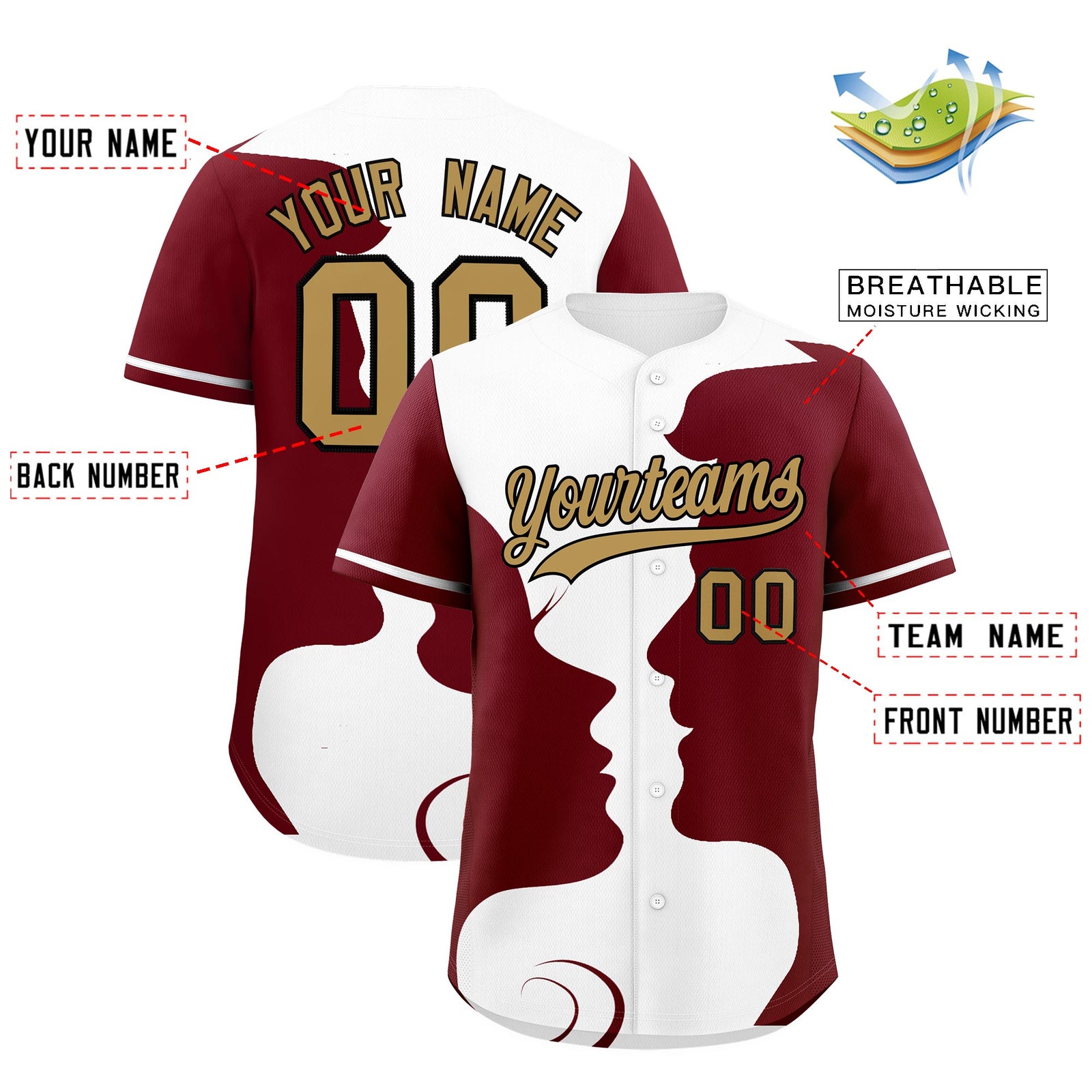 Custom White Crimson Silhouettes of Loving Couple Valentine's Day Baseball Jersey| KXKSHOP