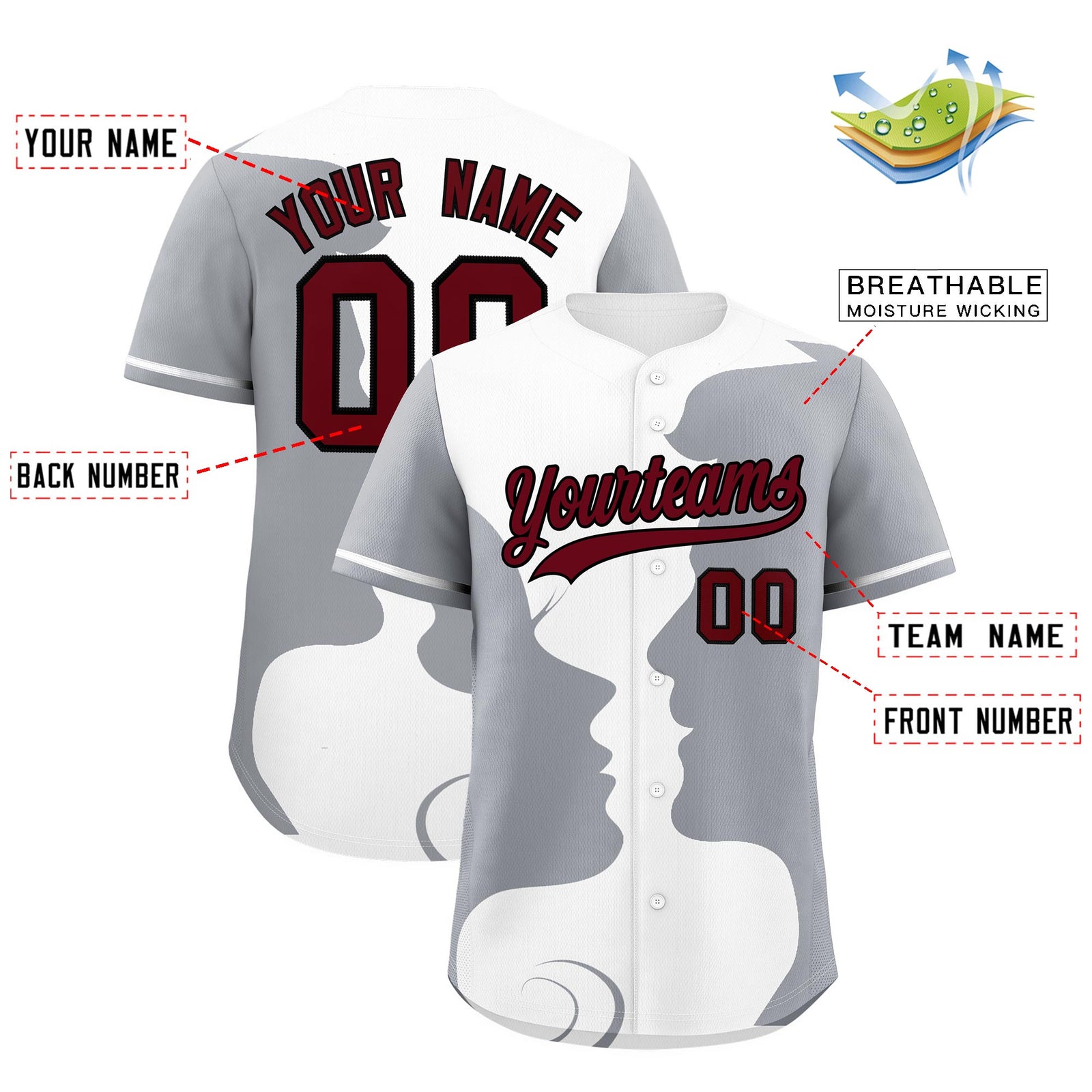 Custom Gray White Silhouettes of Loving Couple Valentine's Day Baseball Jersey| KXKSHOP
