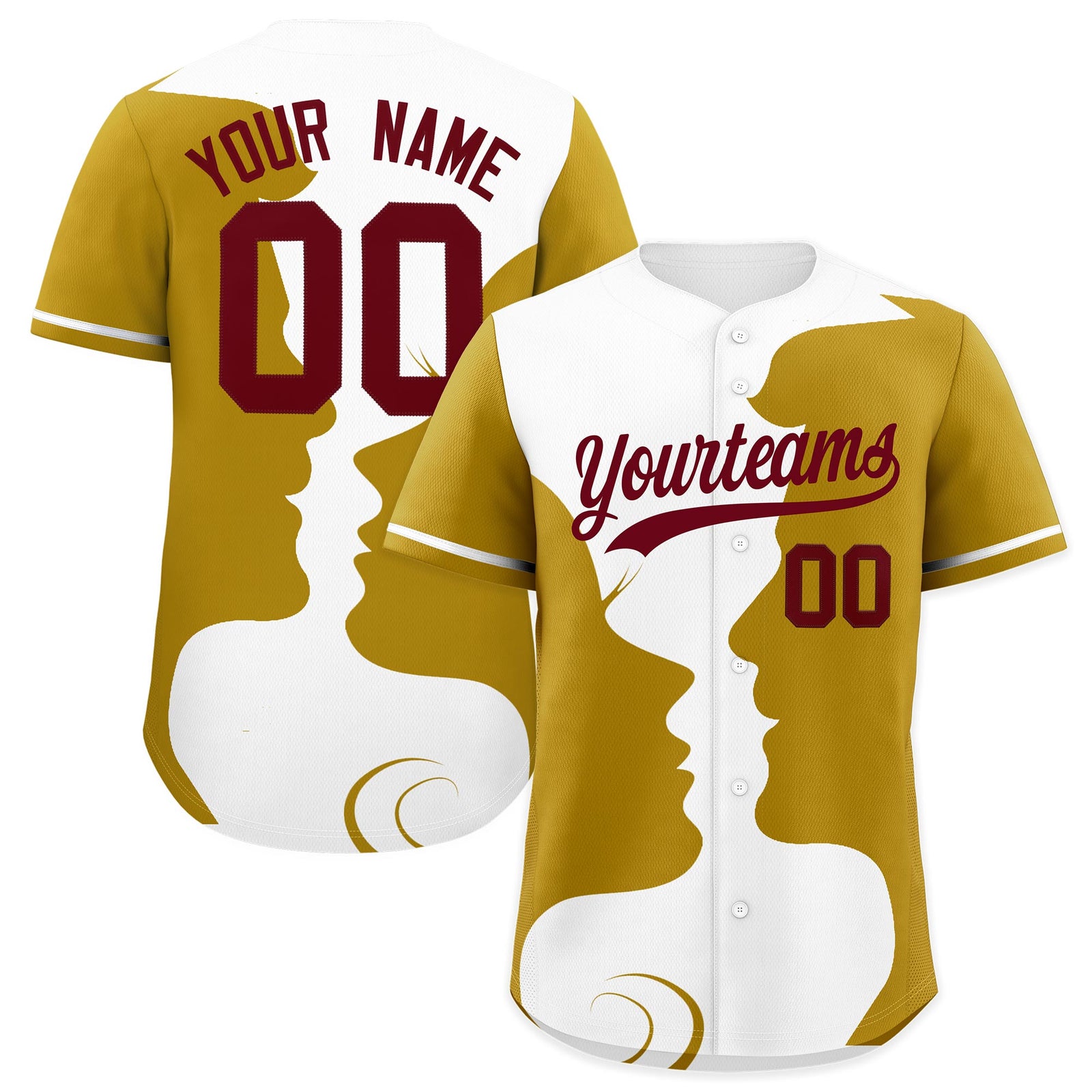 Custom White Old Gold Silhouettes of Loving Couple Valentine's Day Baseball Jersey| KXKSHOP