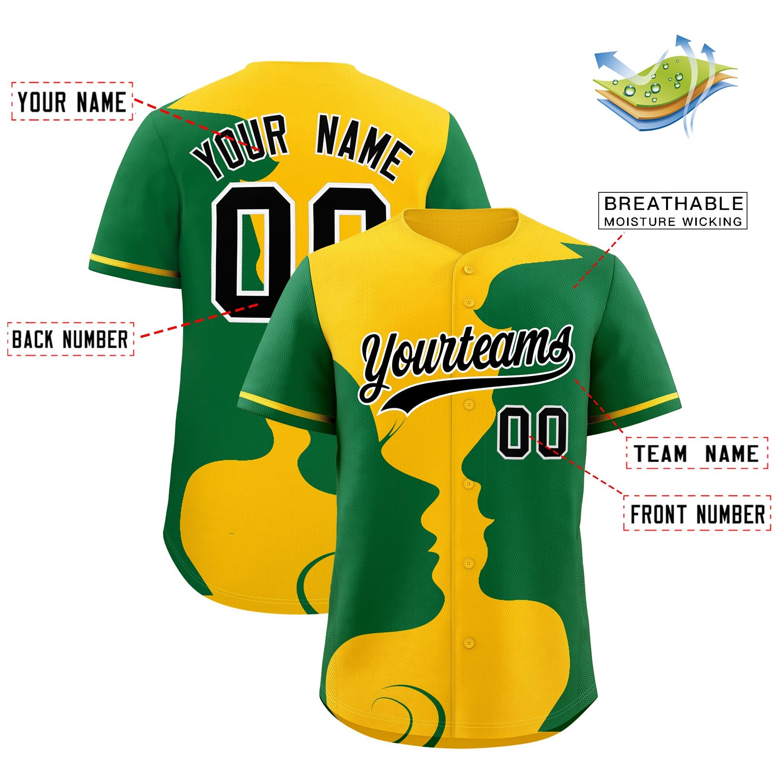 Custom Gold Kelly Green Silhouettes of Loving Couple Valentine's Day Baseball Jersey| KXKSHOP