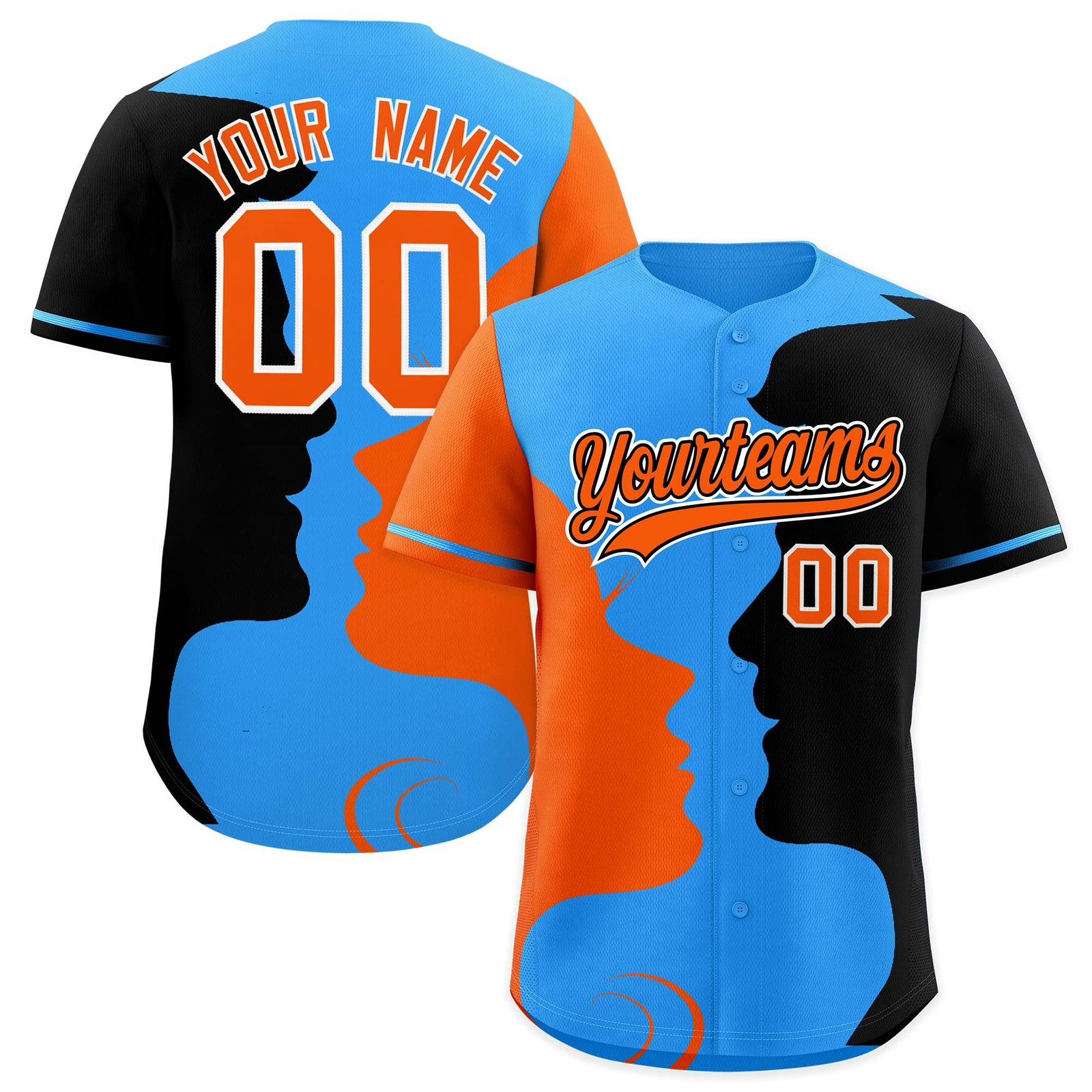 Custom Powder Blue Orange Black Silhouettes of Loving Couple Valentine's Day Baseball Jersey| KXKSHOP