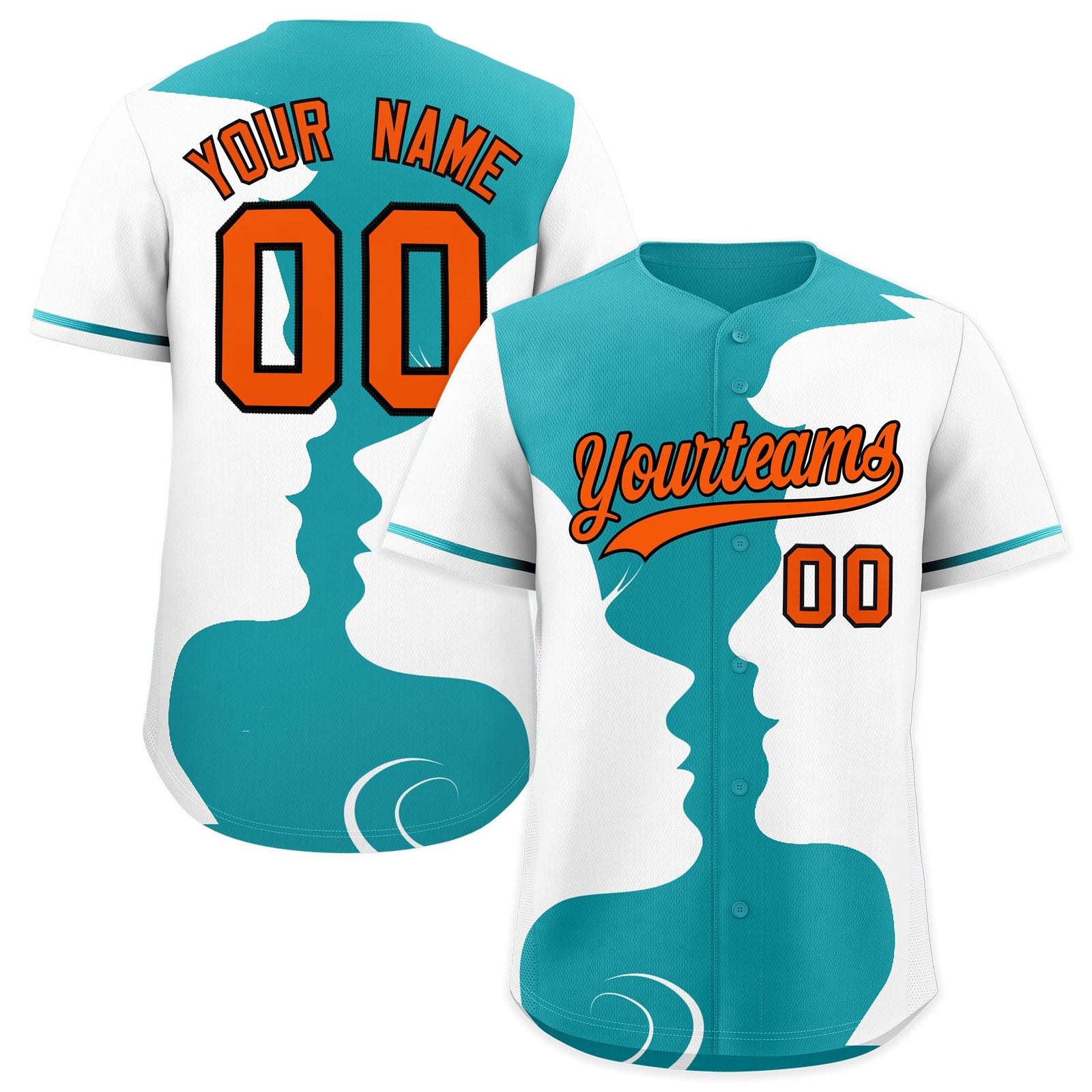 Custom Teal White Silhouettes of Loving Couple Valentine's Day Baseball Jersey| KXKSHOP