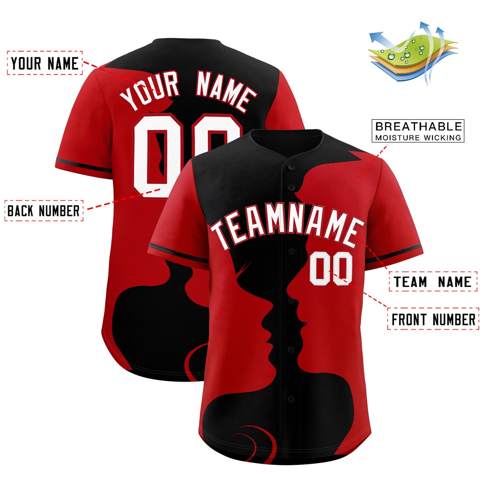 Custom Black Red Silhouettes of Loving Couple Valentine's Day Baseball Jersey| KXKSHOP