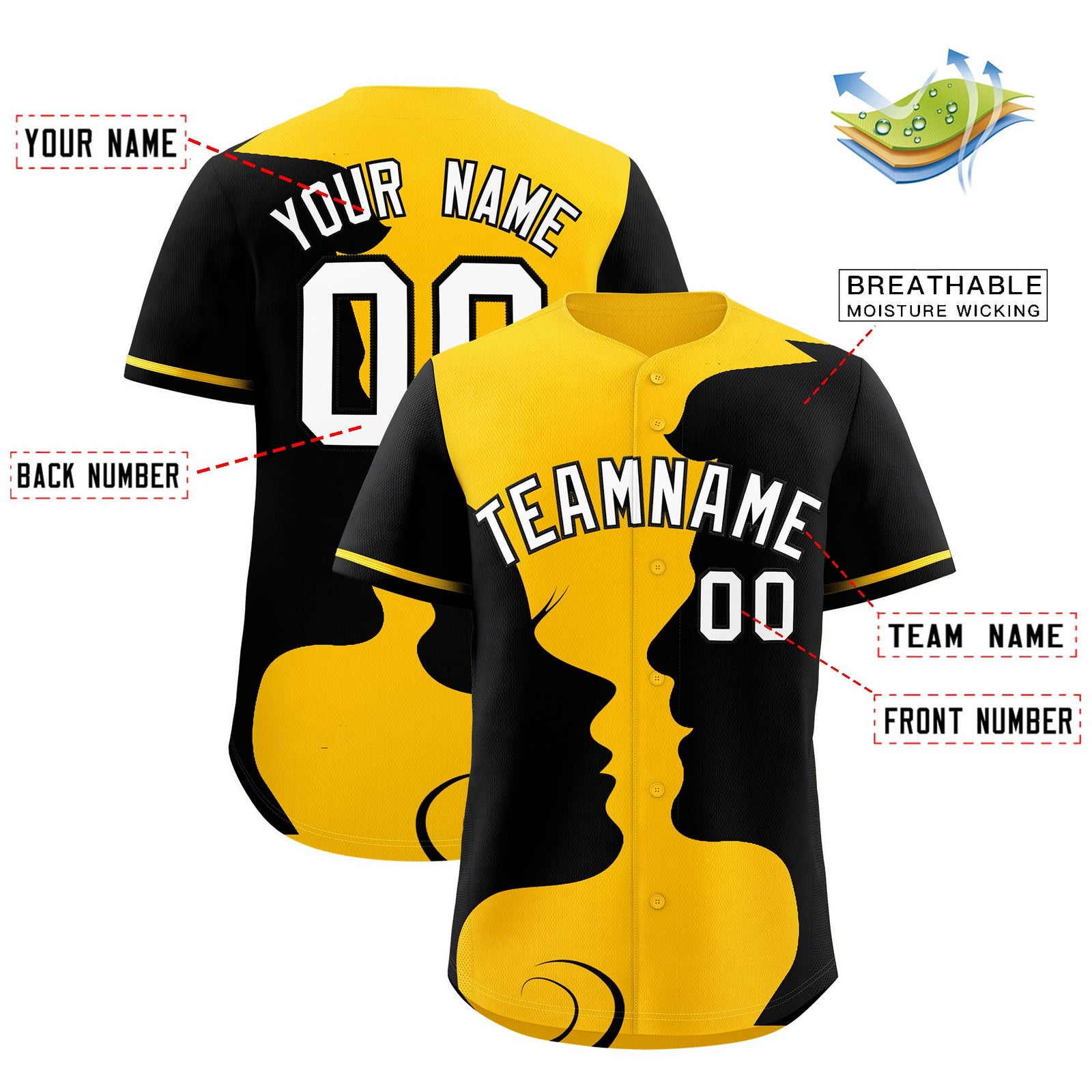 Custom Gold Black Silhouettes of Loving Couple Valentine's Day Baseball Jersey| KXKSHOP