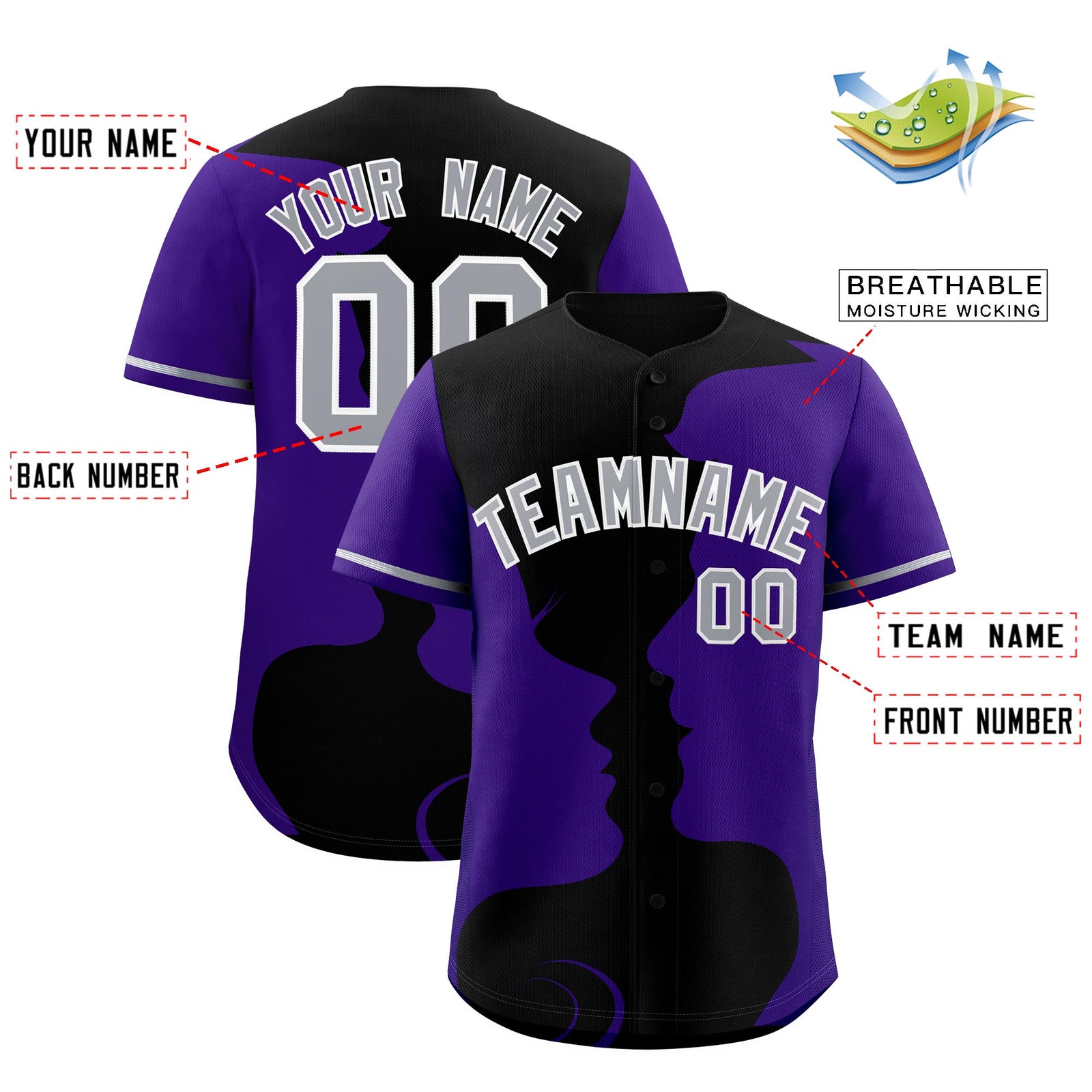 Custom Black Purple Silhouettes of Loving Couple Valentine's Day Baseball Jersey| KXKSHOP