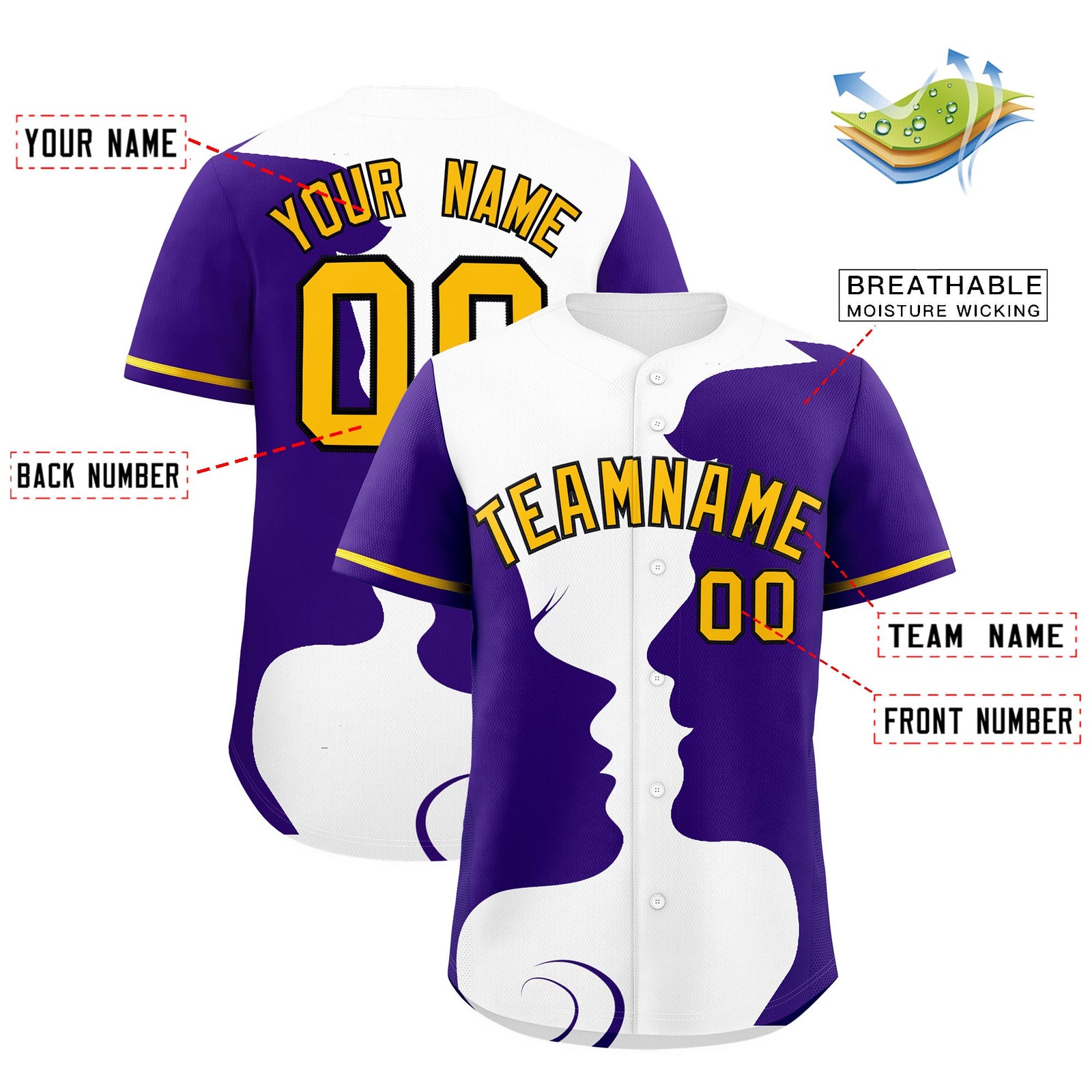 Custom Gold Purple White Silhouettes of Loving Couple Valentine's Day Baseball Jersey| KXKSHOP