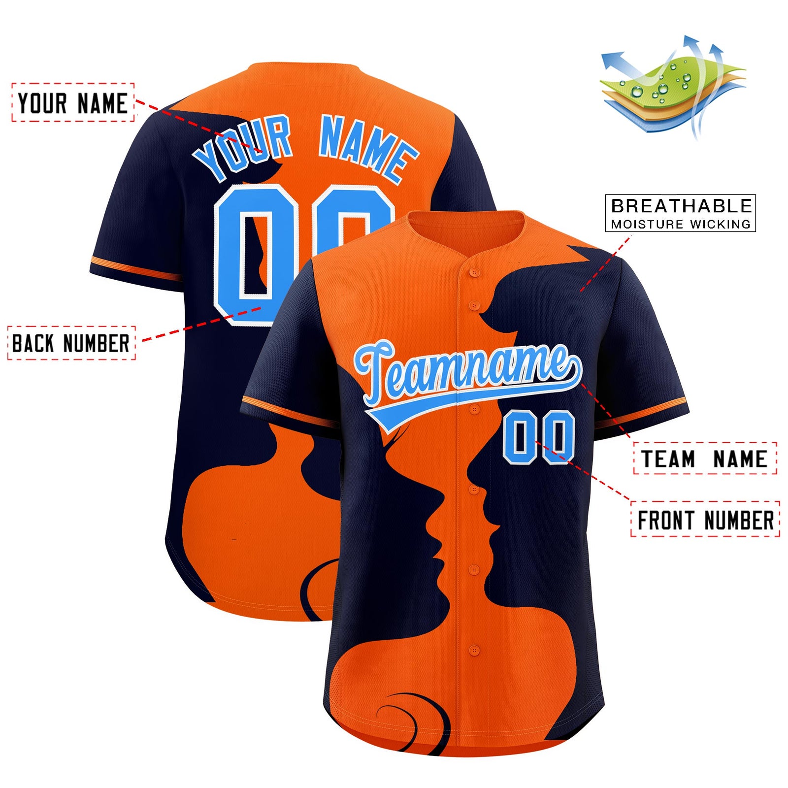 Custom Orange Navy Silhouettes of Loving Couple Valentine's Day Baseball Jersey| KXKSHOP