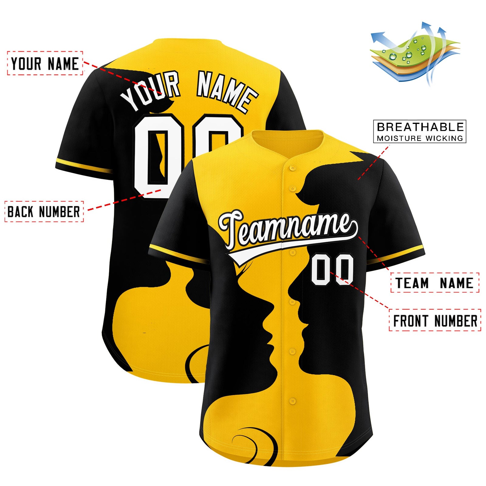 Custom Gold Black Silhouettes of Loving Couple Valentine's Day Baseball Jersey| KXKSHOP