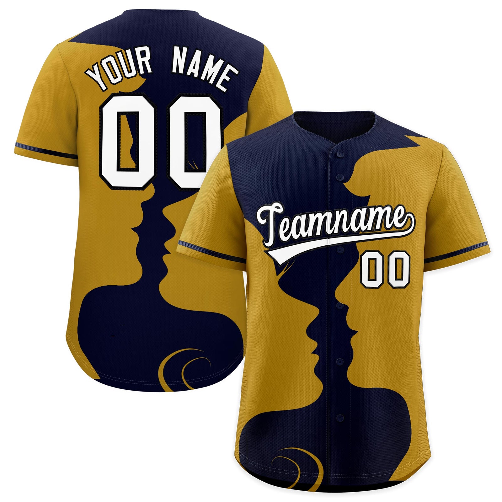 Custom Navy Old Gold Silhouettes of Loving Couple Valentine's Day Baseball Jersey| KXKSHOP