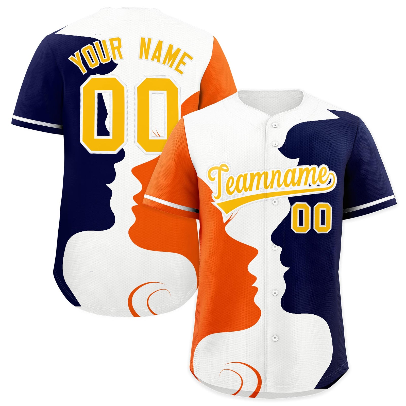 Custom White Orange Navy Silhouettes of Loving Couple Valentine's Day Baseball Jersey| KXKSHOP