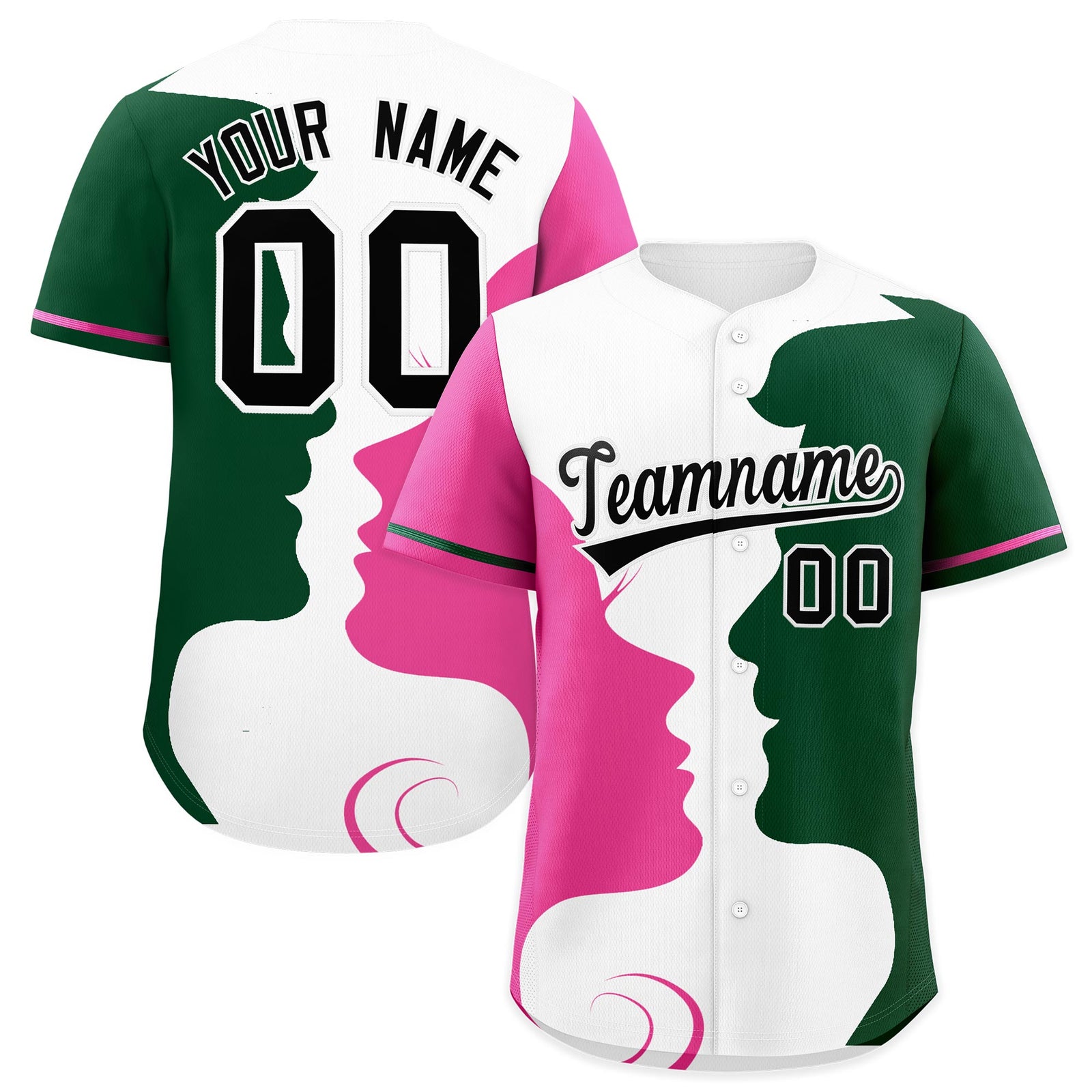 Custom Green Pink White Silhouettes of Loving Couple Valentine's Day Baseball Jersey| KXKSHOP