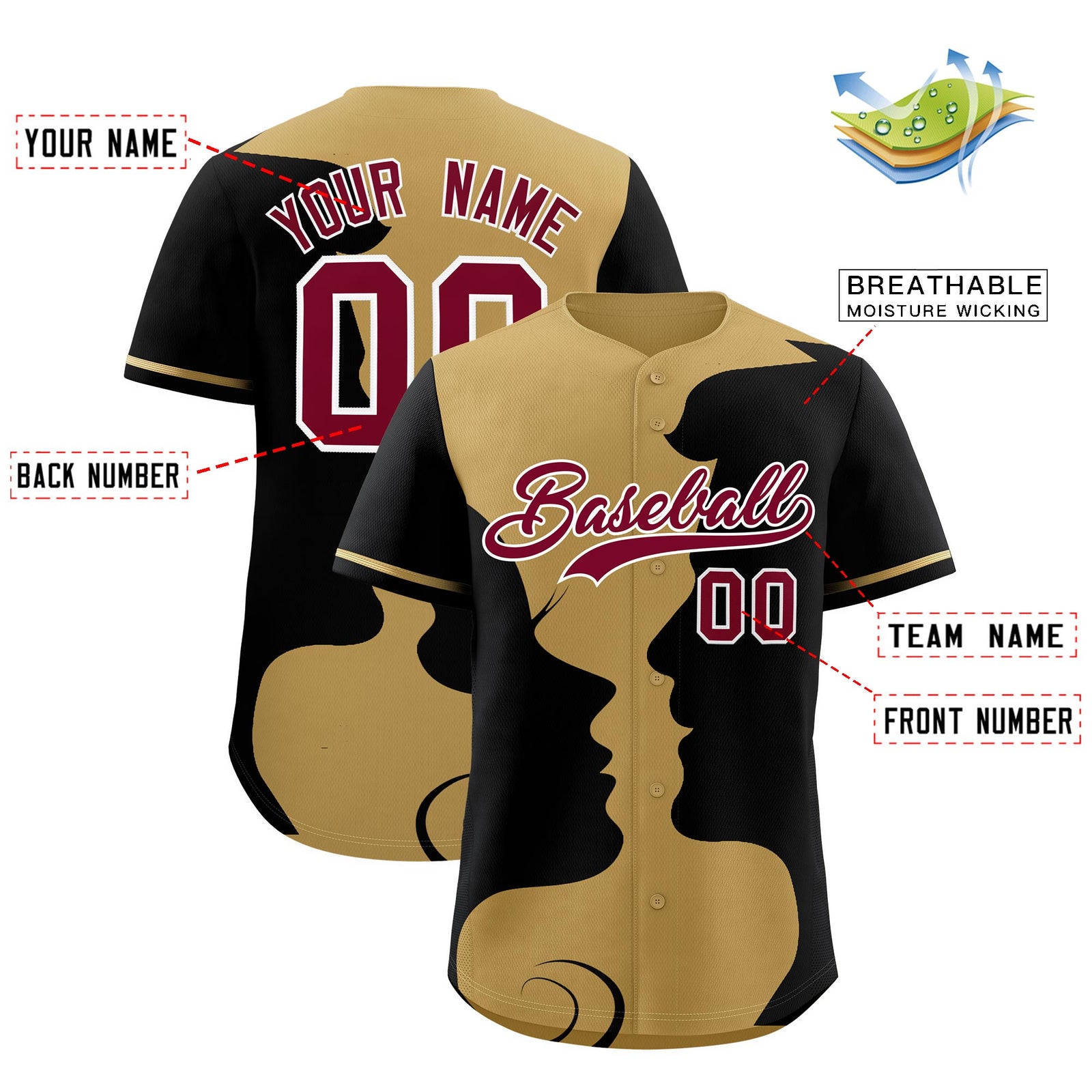 Custom Old Gold Black Silhouettes of Loving Couple Valentine's Day Baseball Jersey| KXKSHOP