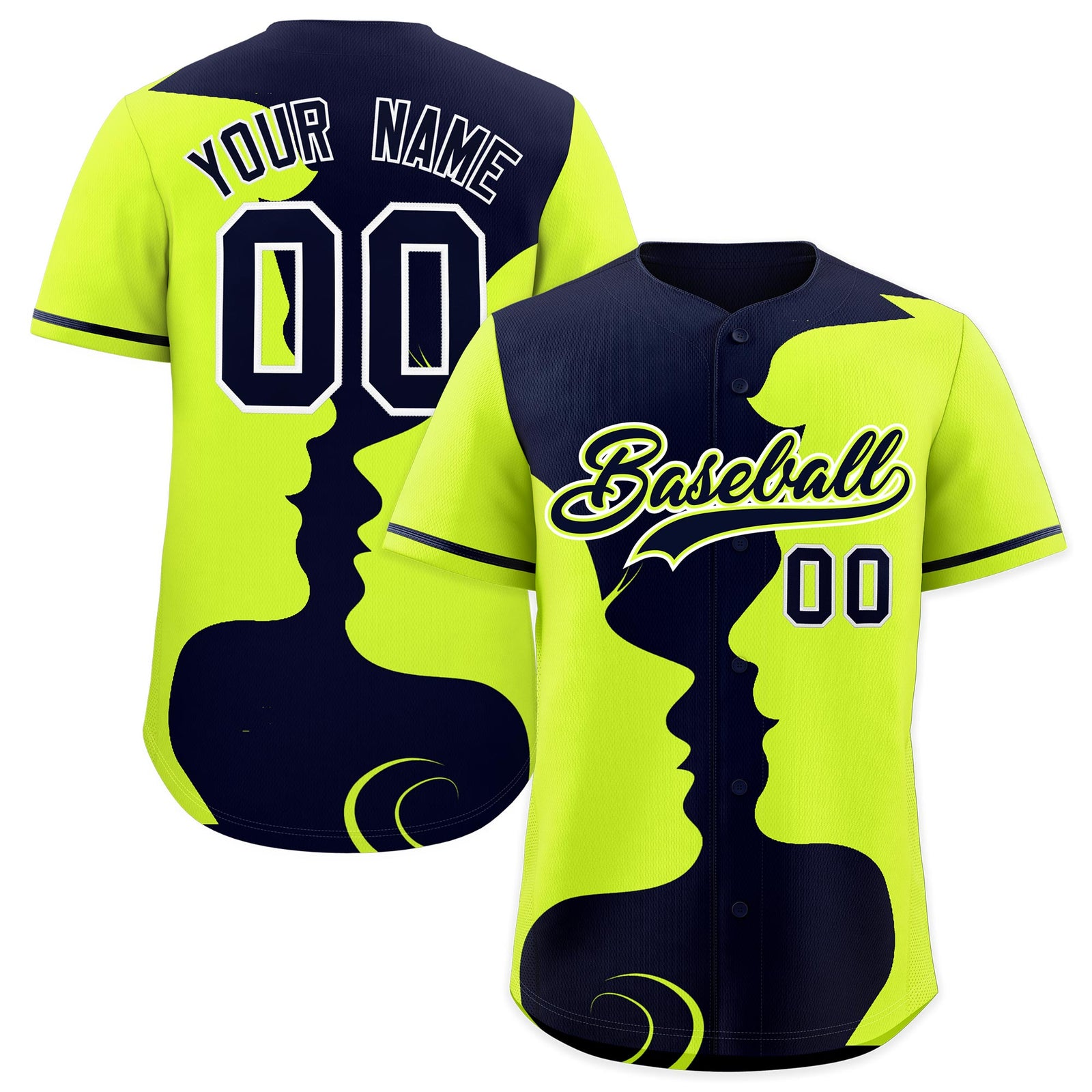 Custom Navy Neon Green Silhouettes of Loving Couple Valentine's Day Baseball Jersey| KXKSHOP