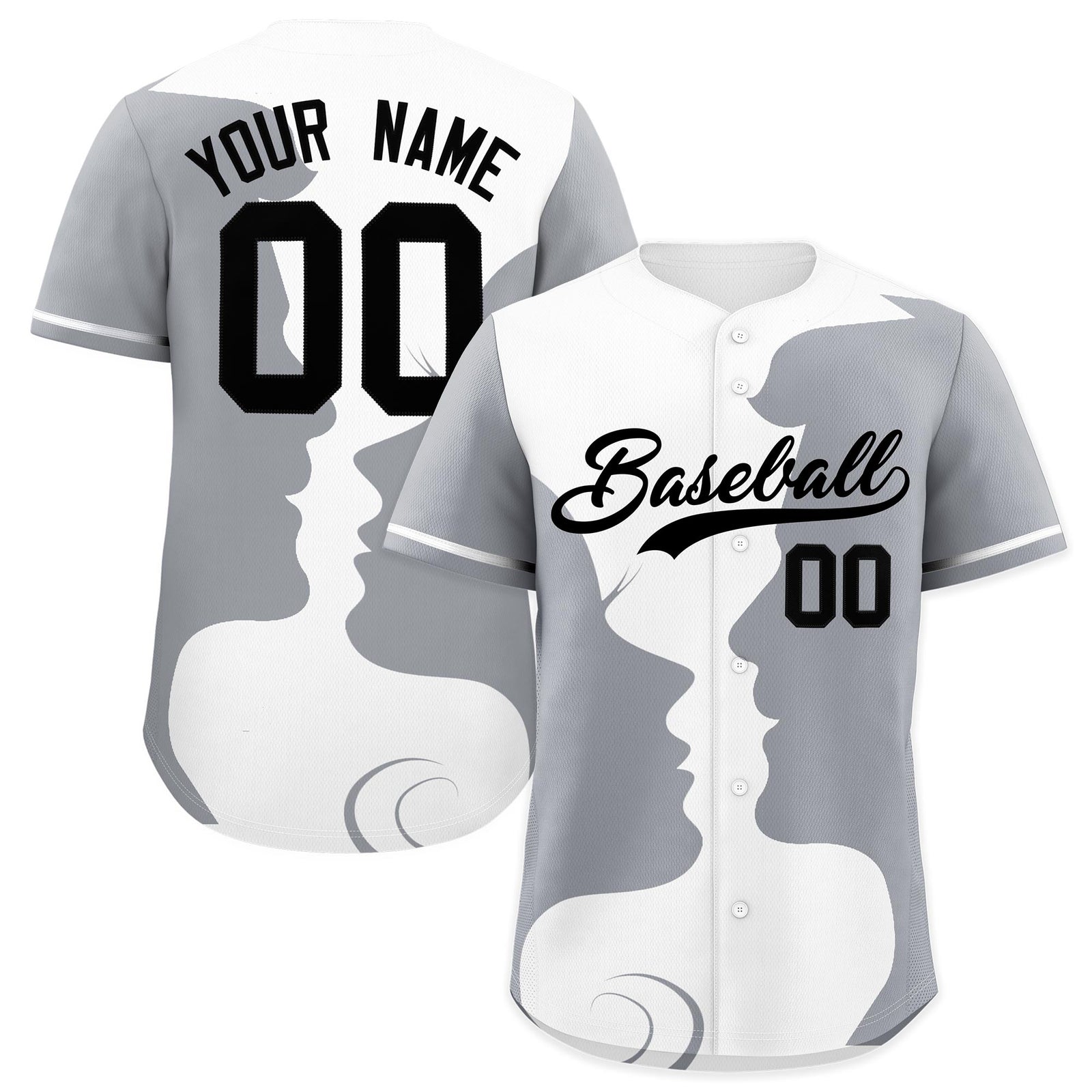 Custom White Gray Silhouettes of Loving Couple Valentine's Day Baseball Jersey| KXKSHOP